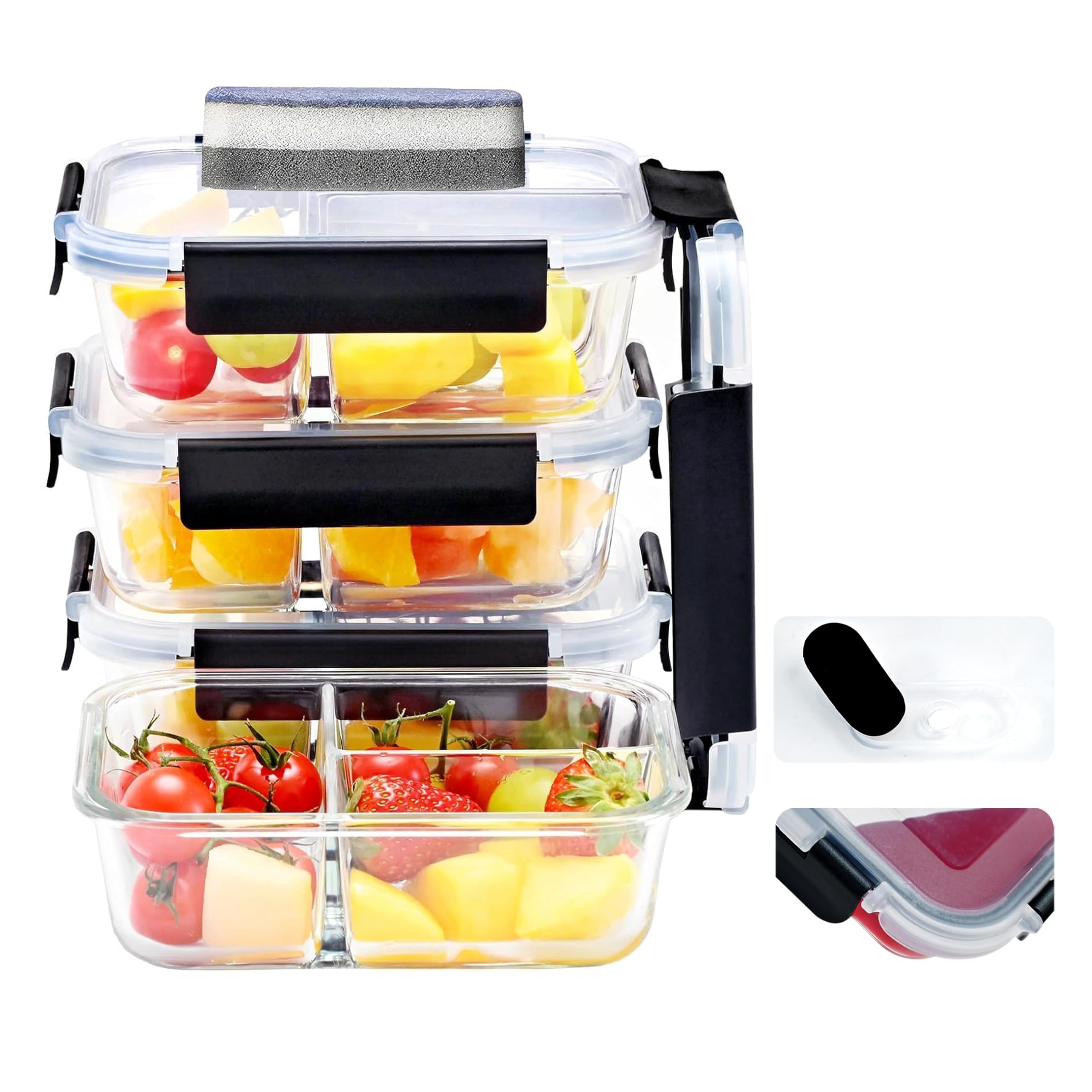 ERUIV Glasbehälter Mit Deckel, Glasschüssel Mit Deckel mit 3 Kammern, Meal Prep Boxen Glas (4 x 1040ml), Dichte Frischhaltedosen Glas Mit Deckel, Frischhaltedosen meal prep Glas, BPA-frei