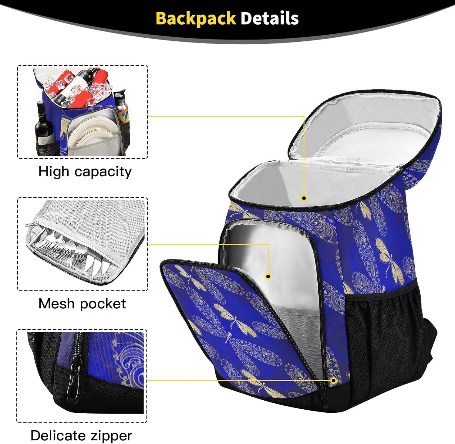 Dark Blue Gradient Dragonflies Cooler Backpack Insulated Waterproof Leak Proof Beach Cooler Bag Lightweight Lunch Picnic Camping Backpack for Men and Women