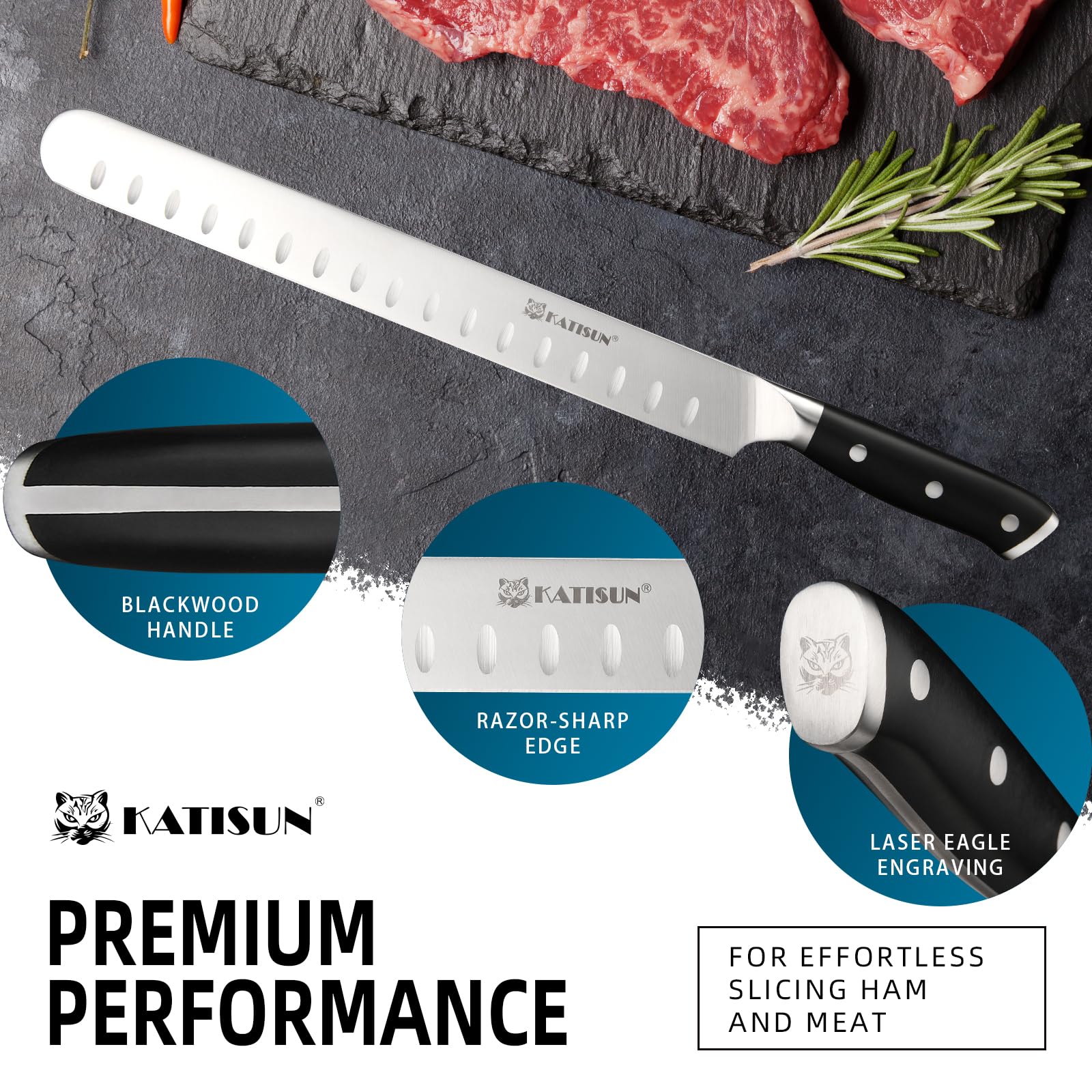 Schinkenmesser Tranchiermesser 30cm Küchenmesser für Schinken Brisket Messer Fleischmesser profi Messer, Metzgermesser mit rutschfestem Griff Grillmesser für Fleisch und BBQ