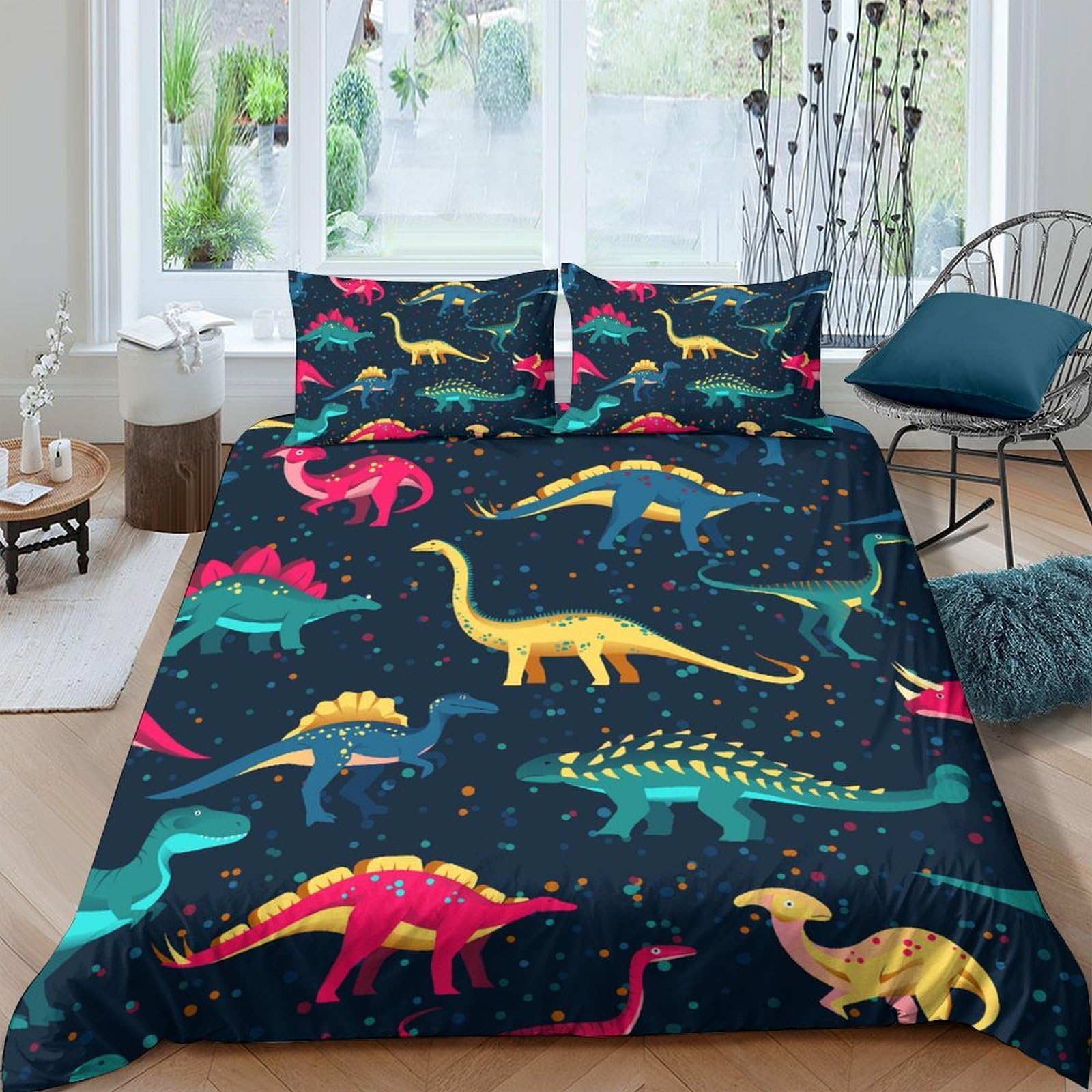 TUFRTGYHN 3D Printed Colourful Dinosaur Duvet Cover Microfiber Soft Breathable Jurassic Animal Bedding Set with 2 Pillowcases for Bedroom Decor Single（135x200cm）