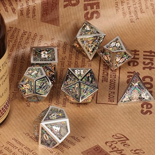 Miniatura 10 de Dados DND, dados de metal huecos D&D, dados de resina de doble espada con caja de regalo para juegos de mazmorras y dragones, 7 piezas de dados