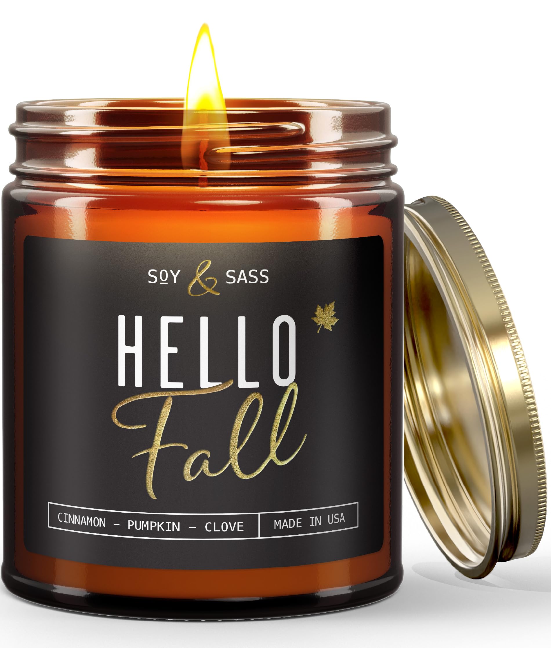 Fall Candles - 'Hello Fall' Fall Candle w/Pumpkin, Cinnamon & Clove I Infused with Essential Oils I Autumn Fall Scented Candles I Cozy Cute Fall Décor Fall Gifts I 9oz Jar I 50Hr Burn I Made in USA