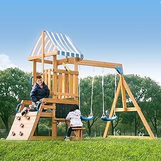 ROBOTIME Wooden Swing Set for Backyard, All-in-One Kids Outdoor Play Equipment with Swings, Slide, Climbing Rope Ladder, Outdoor Swing Playset for Kids Ages 3-10