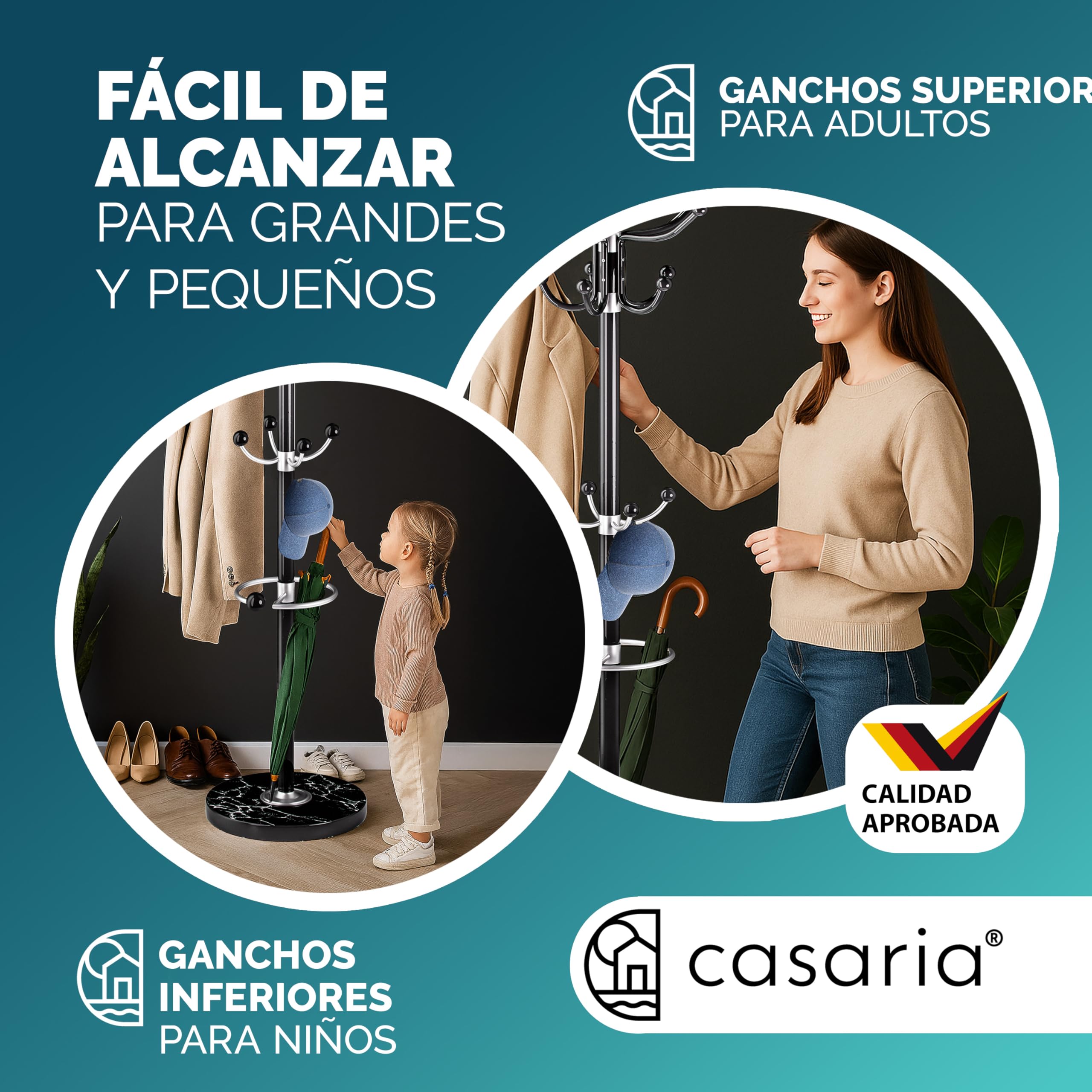 CASARIA® Perchero de Pie, Forma de Árbol, Percheros Pasillo,14 Ganchos, Base Mármol, Recibidor Entrada, Colgador Chaquetas Sombreros Ropa Resistente Bolsos 175x37cm