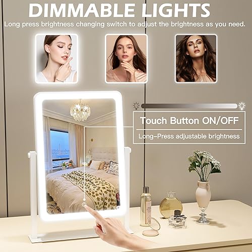 Miniatura 4 de FENNIO Espejo de tocador con luces, espejo de maquillaje iluminado de 12 x 16 pulgadas con control táctil inteligente, 3 modos de color y brillo