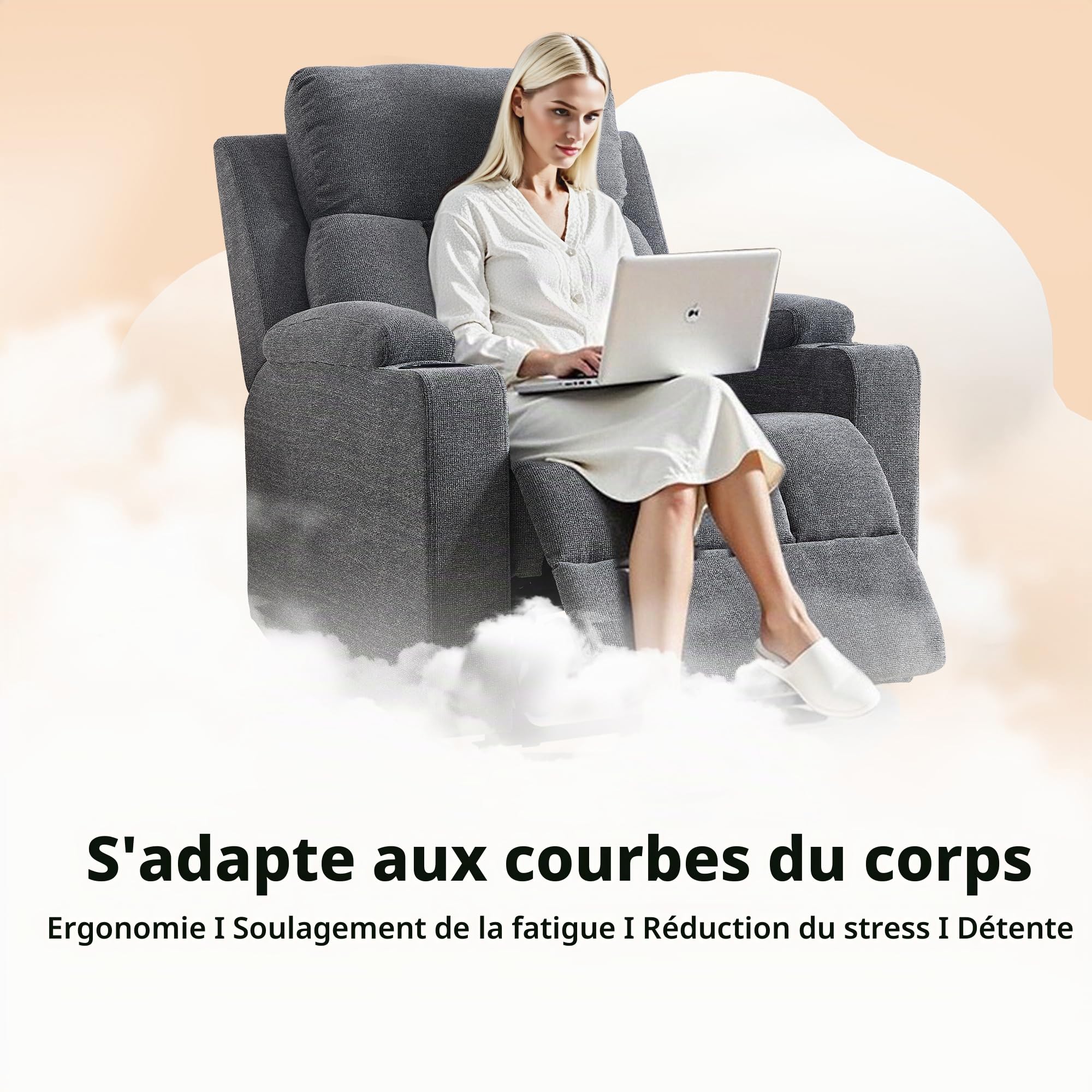 Simore Fauteuil de Relaxation Manuel Canapé télé avec Fonction allongement et Porte-gobelet, Fauteuil télé avec Repose-Pieds, Capacité de Charge Jusqu’à 150 kg, pour Salon, Gris foncé