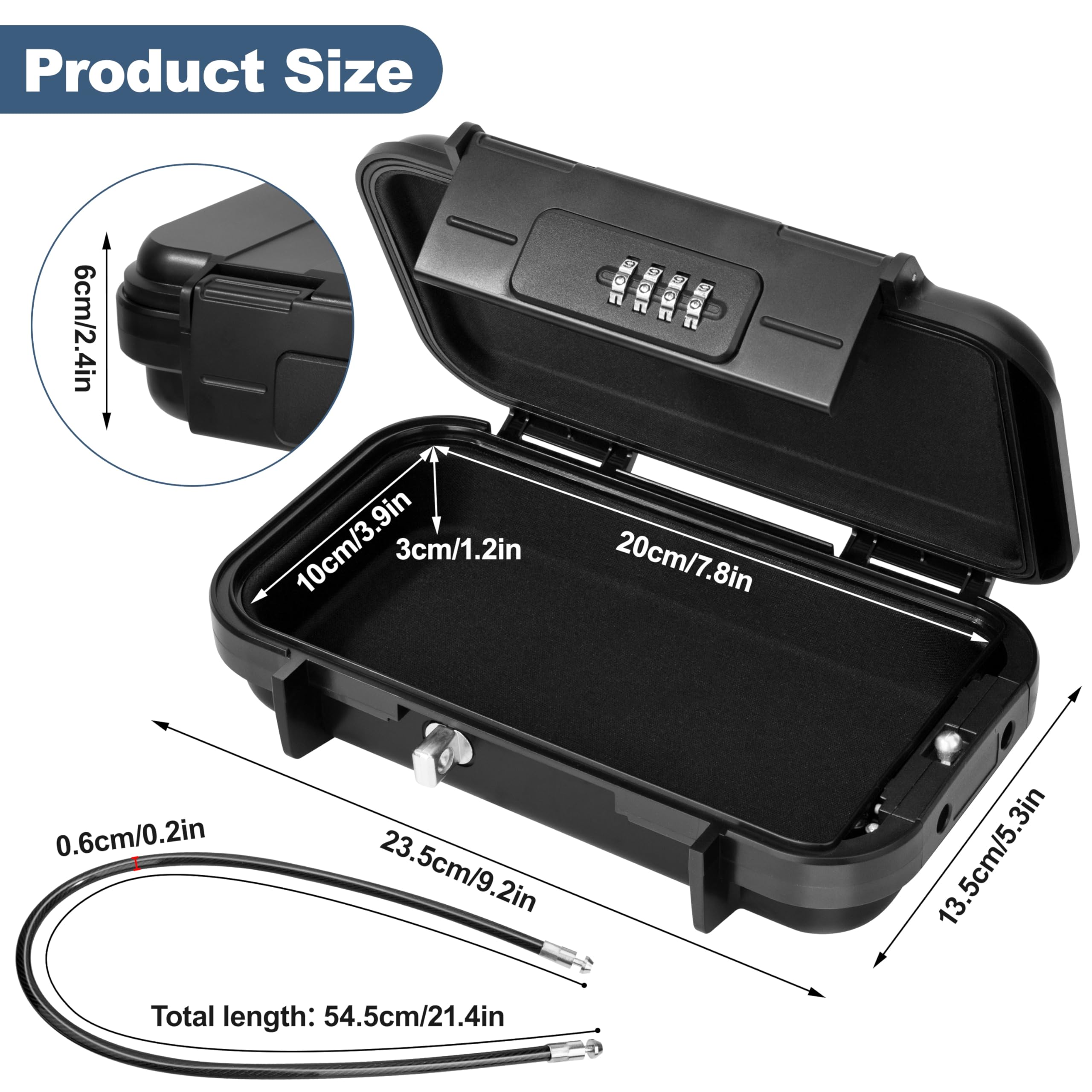 Cassetta di Sicurezza Combinazione, Cassaforte Portatile, Impermeabile Mini Cassaforte con Rimovibile Fune Metallica per Viaggio, Spiaggia, Sampeggio (Nero)