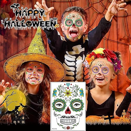 Miniatura 9 de Tatuajes temporales del Día de los Muertos, calcomanías de tatuajes de calavera, flores coloridas, cráneo de Halloween, tatuajes faciales para