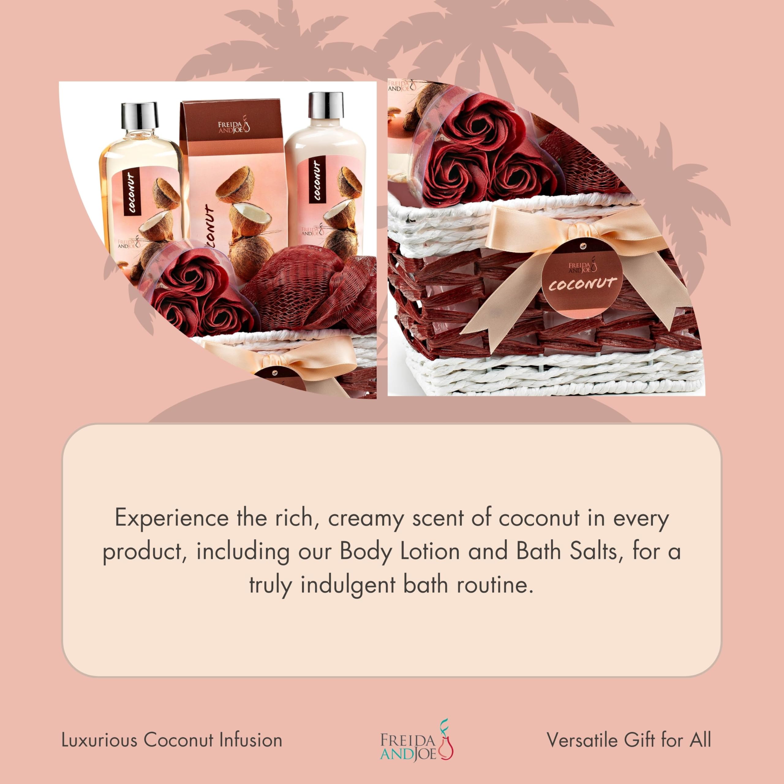 Set regalo da bagno da donna, cesto regalo in cocco spa, set da 6 pezzi con gel doccia, lozione per il corpo, sali da bagno, fiori di sapone, spugna da bagno in un cesto di vimini, regalo perfetto per