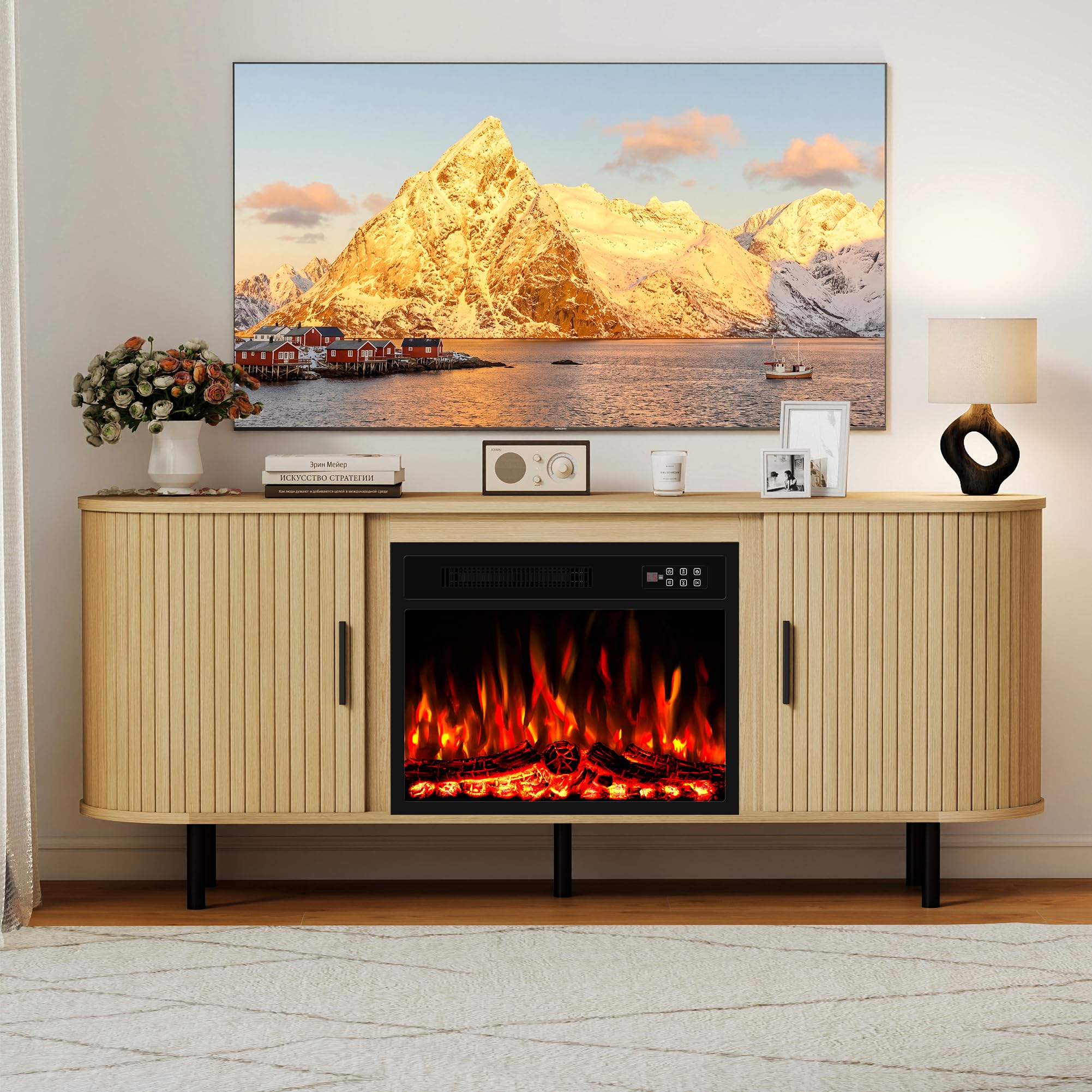 Photo 1 of Ludatido 65" Fireplace TV Stand Electric Entertainment Center for TV Up to 75", Mid Century Modern Fireplace TV Console Cabinet, Oak Curved Fluted TV Stand with 23" Fireplace for Living Room Bedroom