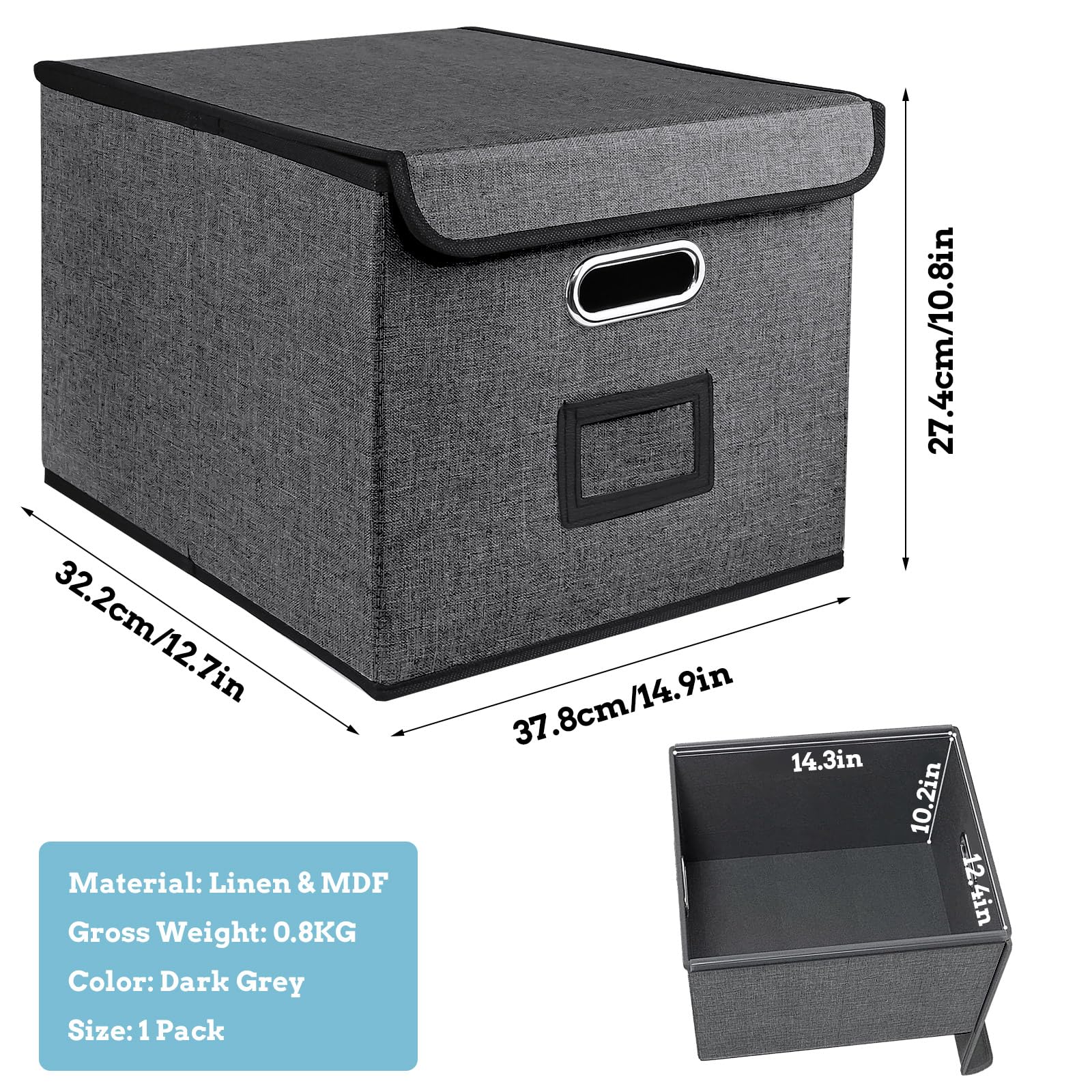 Upgraded Filing Boxes Portable Paperwork Organiser Large Capacity Multifunctional File Organiser with Lid Foldable Fabric Hanging Filing Box with Plastic Slide for Home Storage Office Filing-Dark Grey - Image 3