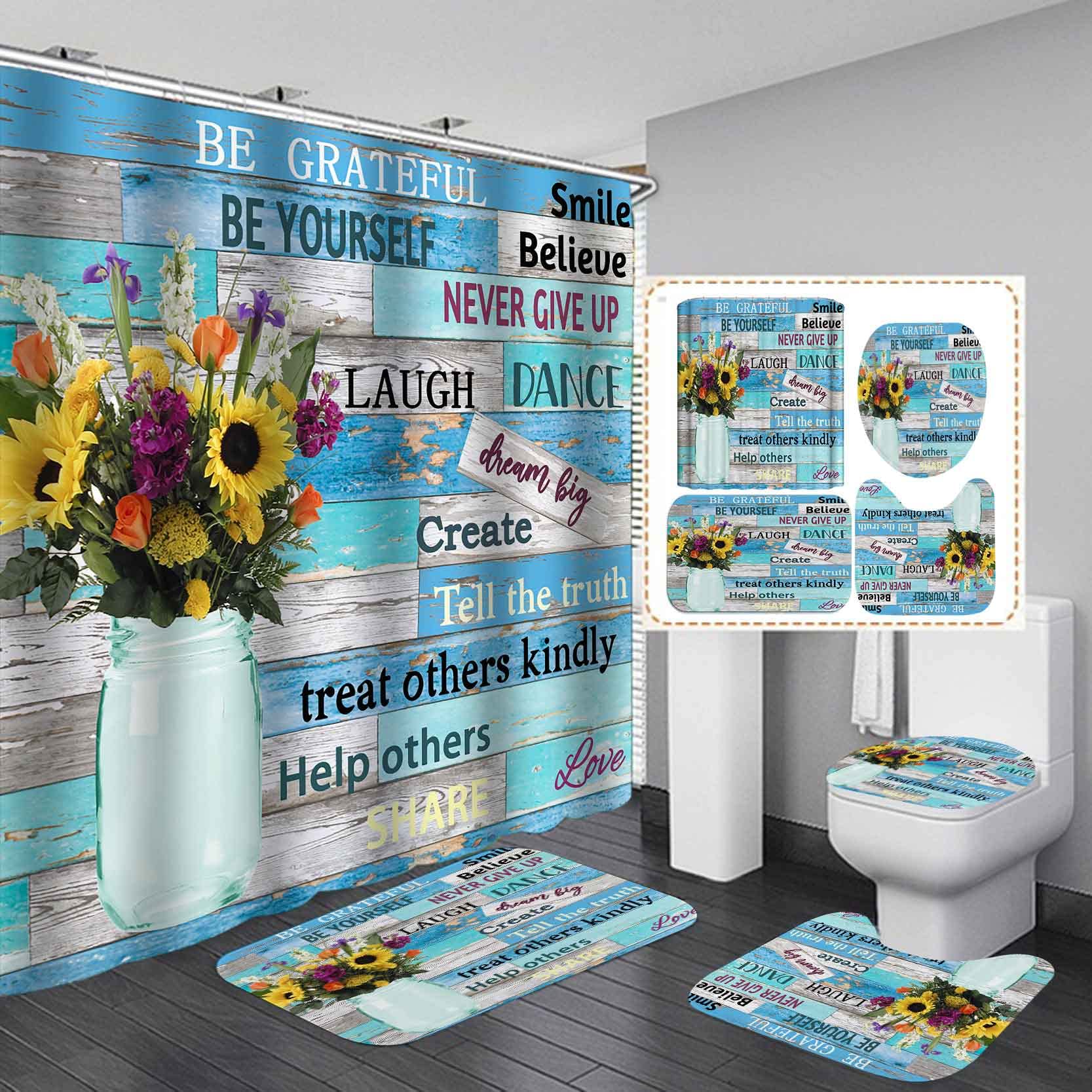 OLEBETY 4PCS Inspirational Quotes Shower Curtain Set, Sunflower Floral White Blue Vintage Rustic Wooden Board Shabby Chic Country Farmhouse