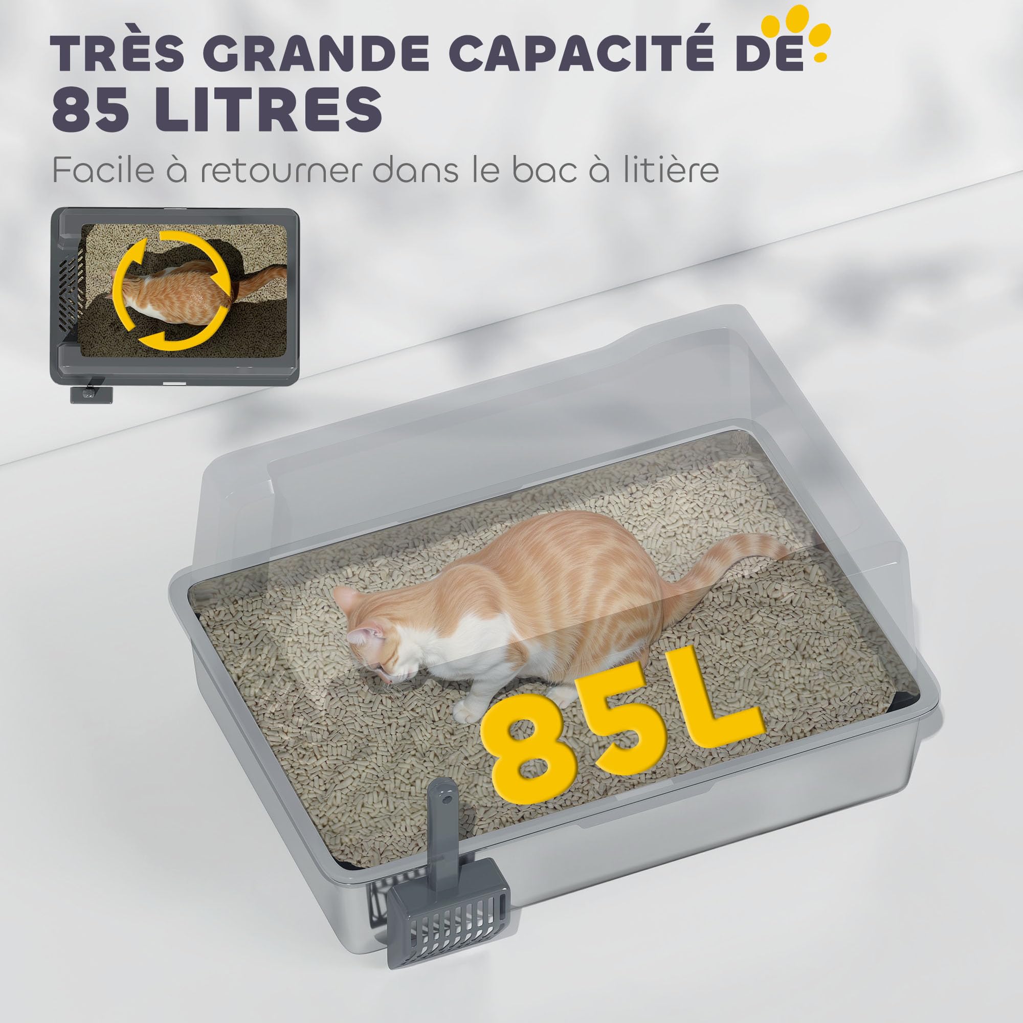 PawHut - Bandeja para Gatos (85 L, Gran Capacidad, 71 x 50,8 x 35,5 cm), Color Gris | Acero inoxidable, casa de aseo para gatos, pala, patines antideslizantes, fácil de limpiar
