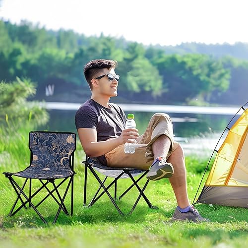 Miniatura 8 de Sillas de playa plegables de peonía azul marino dorado para adultos, silla plegable ultraligera incluye bolsa de transporte, sillas de viaje para