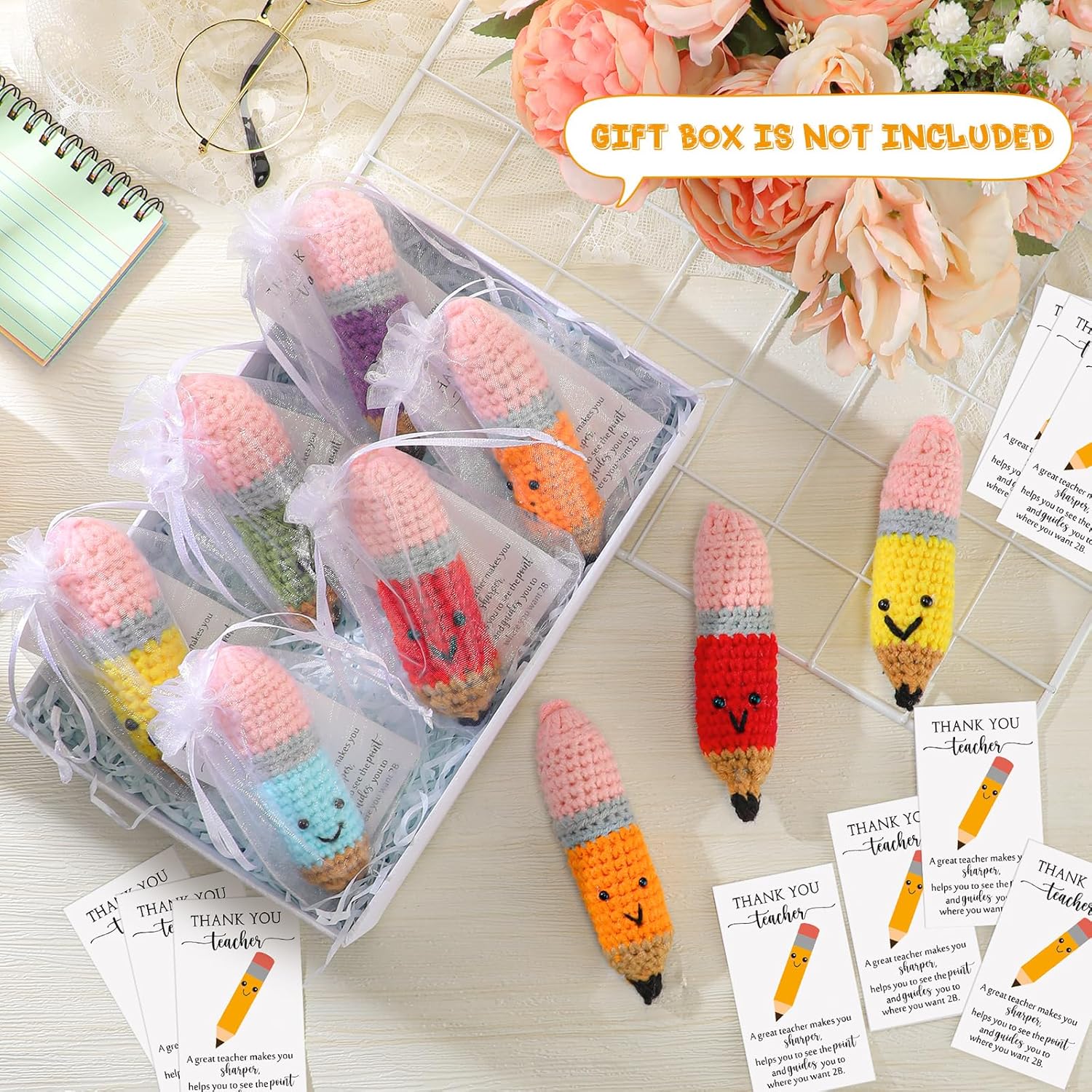 Poen 24 Sets Teacher Appreciation Gifts Crochet Knitted Pencils Thank You Teacher Card Set, 6 Colors Pencil Sign Gift Greeting Card and Drawstring Organza Bags for Teachers School Office