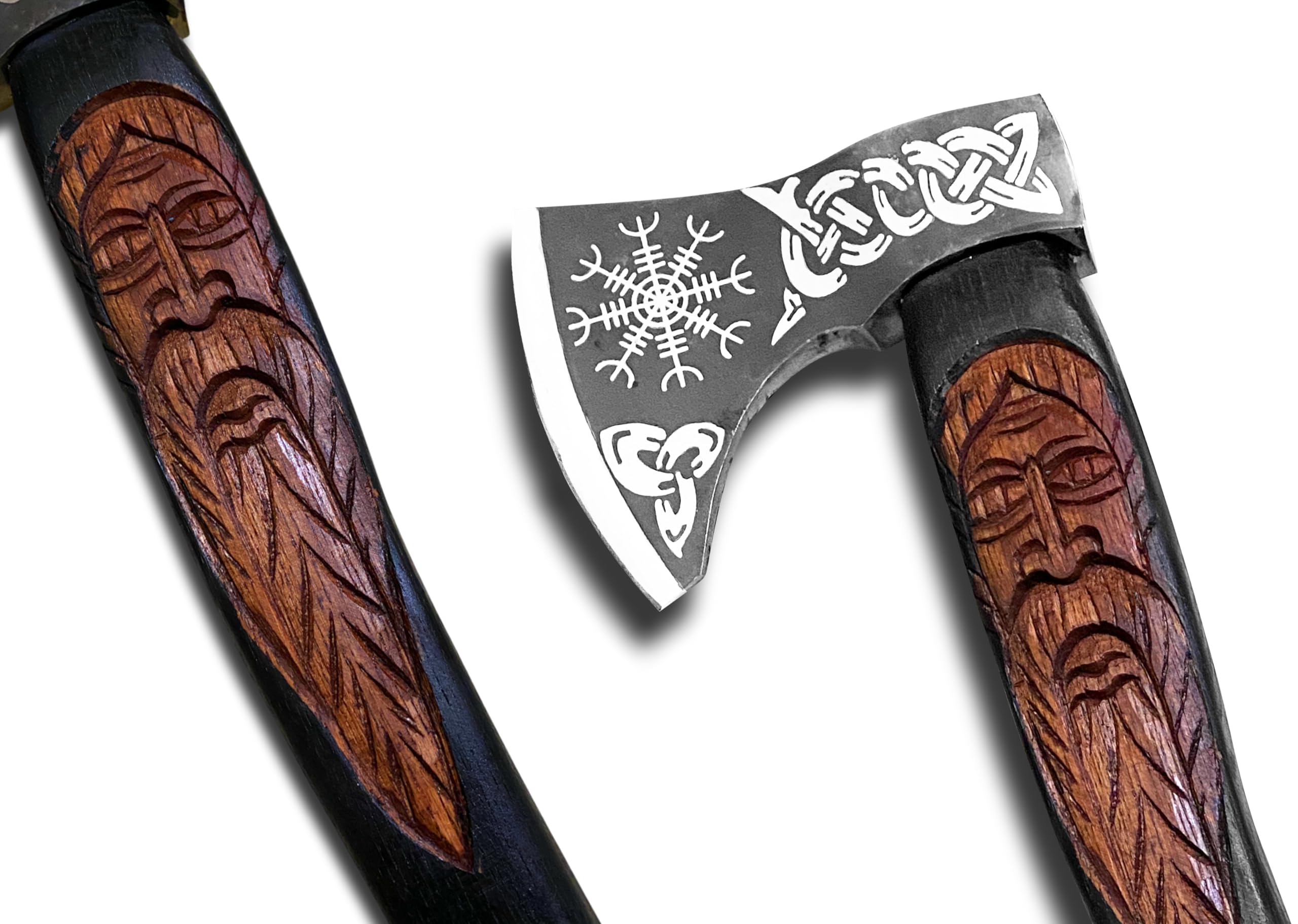 Novahaven Ragnarök - Hacha forjada a mano para exteriores de 22 pulgadas – Regalo y coleccionable de acero al carbono con mango de madera de fresno tallada, diseño de lobo y dragón, funda de piel para
