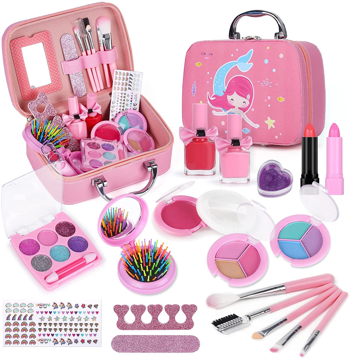 Jorunb Kids Makeup kit for Girl, 20PCS Washable Makeup Set Toy with Real Cosmetic Case, Safe & Non-Toxic Kids Makeup Set, Pretend Play Makeup Beauty Set Birthday Toys Gift for 3-10 Years Old Kid 01