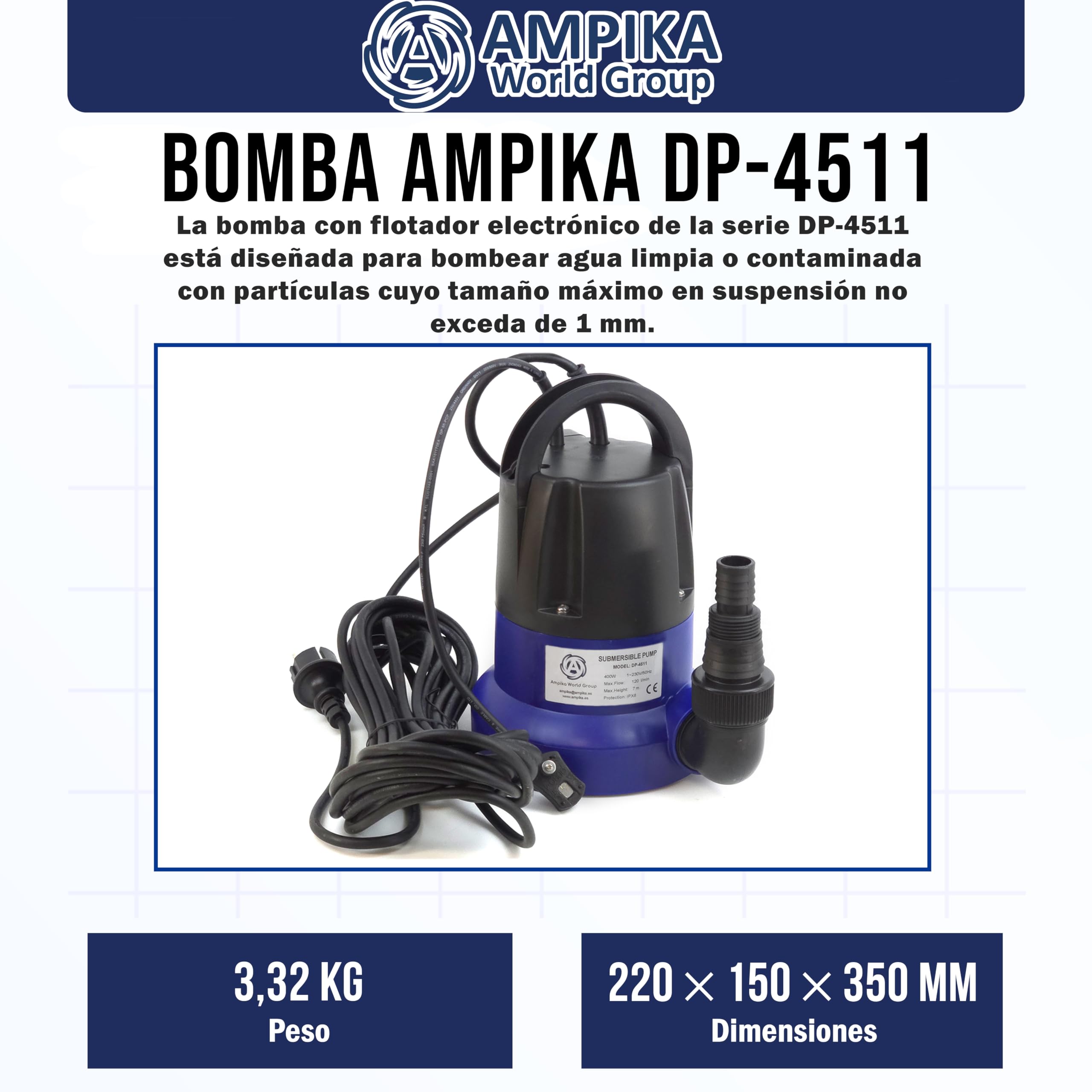 Bomba de drenaje sumergible Ampika DP4511 con flotador electrónico (capacidad de 120 l/min, profundidad máx. de inversión 7m), bombeo hasta 1...3 mm del suelo