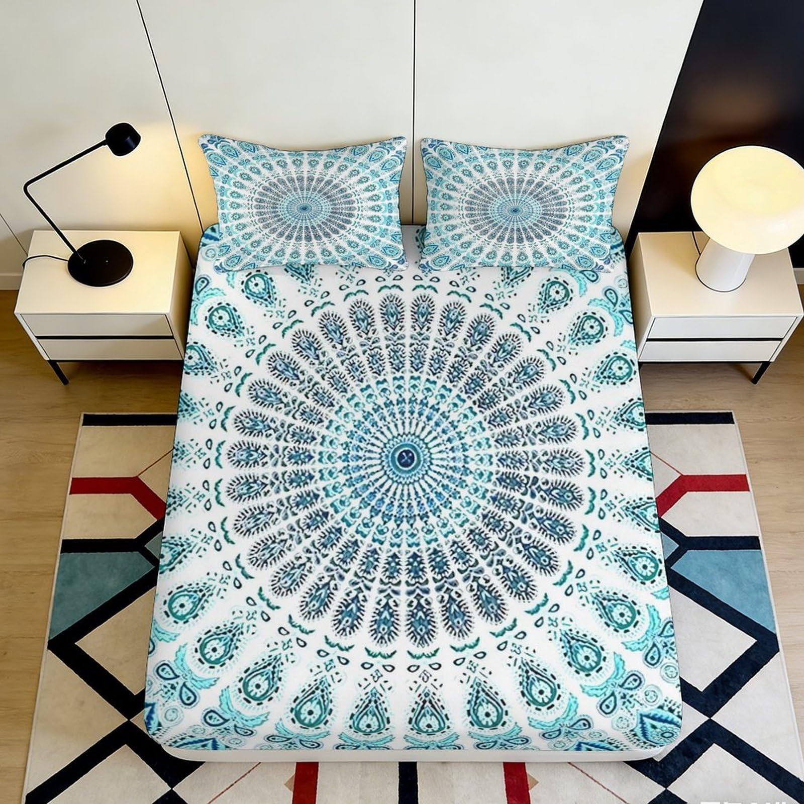 Pnayamiorkfel Style-8 3D Printed Mandala Pattern Fitted Sheet Microfiber Soft Blue Decorative Paisley Mattress Cover Bedroom Dorm Decor 90X200x25cm