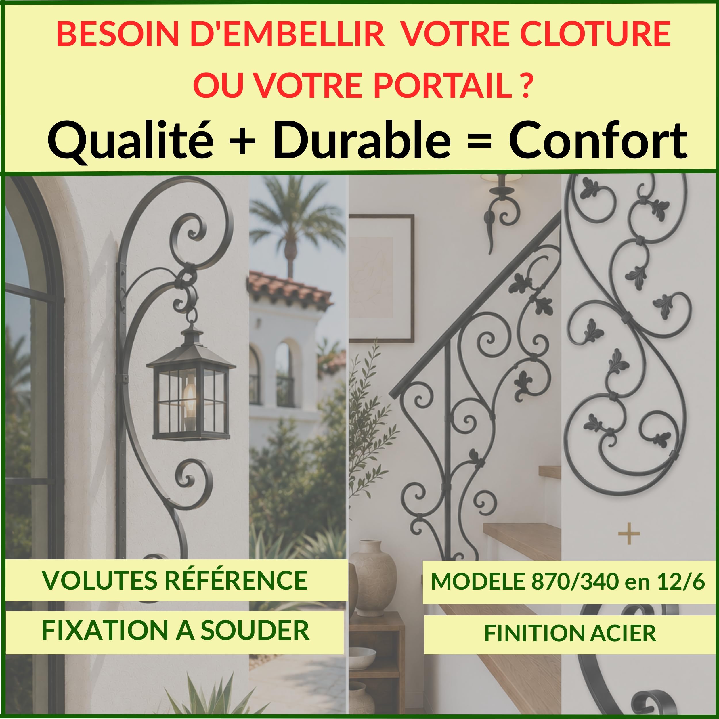Déco fer Forgé- VOLUTE 8 Feuilles en Fer Forgé -ACIER DECORATION Durable efficacité Pieces - H 870 x 134 mm- Volute en S En Fer Plat de 12/6 mm -Usage Interieur Exterieur Satisfaction Garantie Robuste
