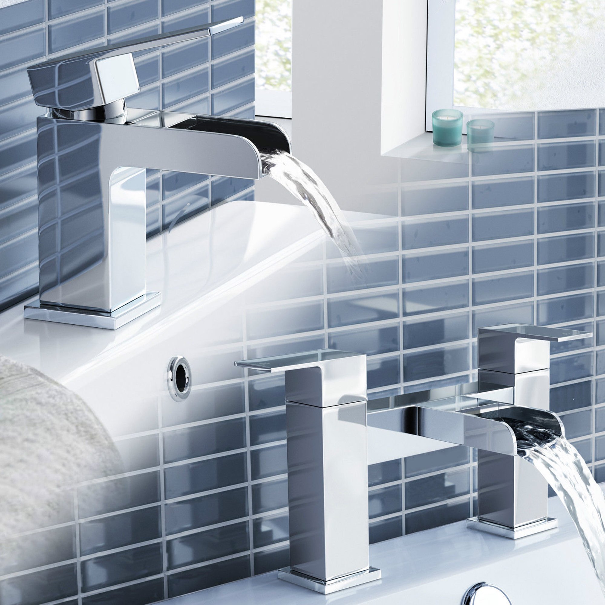iBathUK | Chrome Waterfall Basin Sink Mixer Tap + Bath Tub Filler Luxury Bathroom Set — image 1