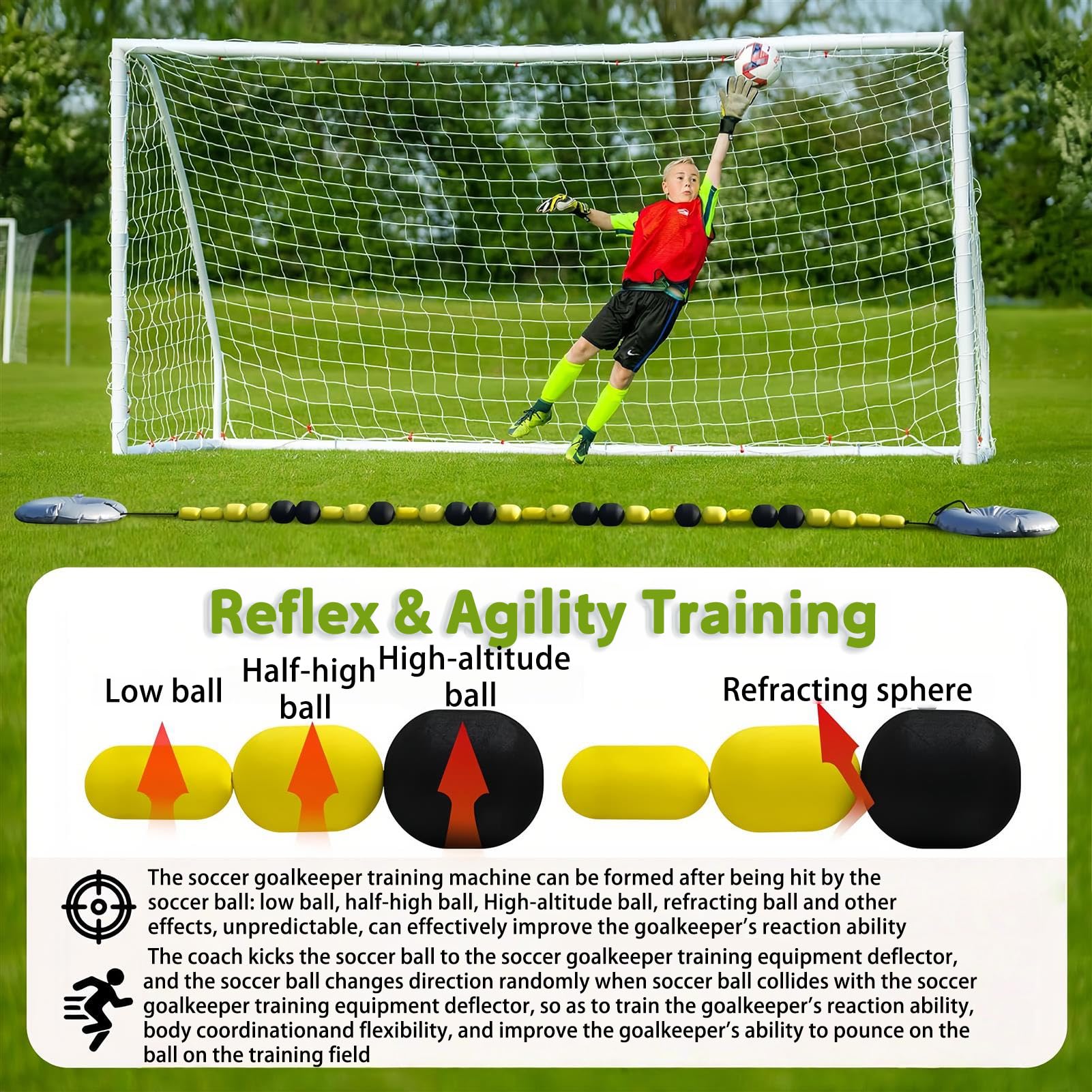 Deflettore per portiere, regolabile da 2,75 m/4 m, deflettore di linea singola, attrezzatura per allenamento di calcio per pratica di reazione e immersione