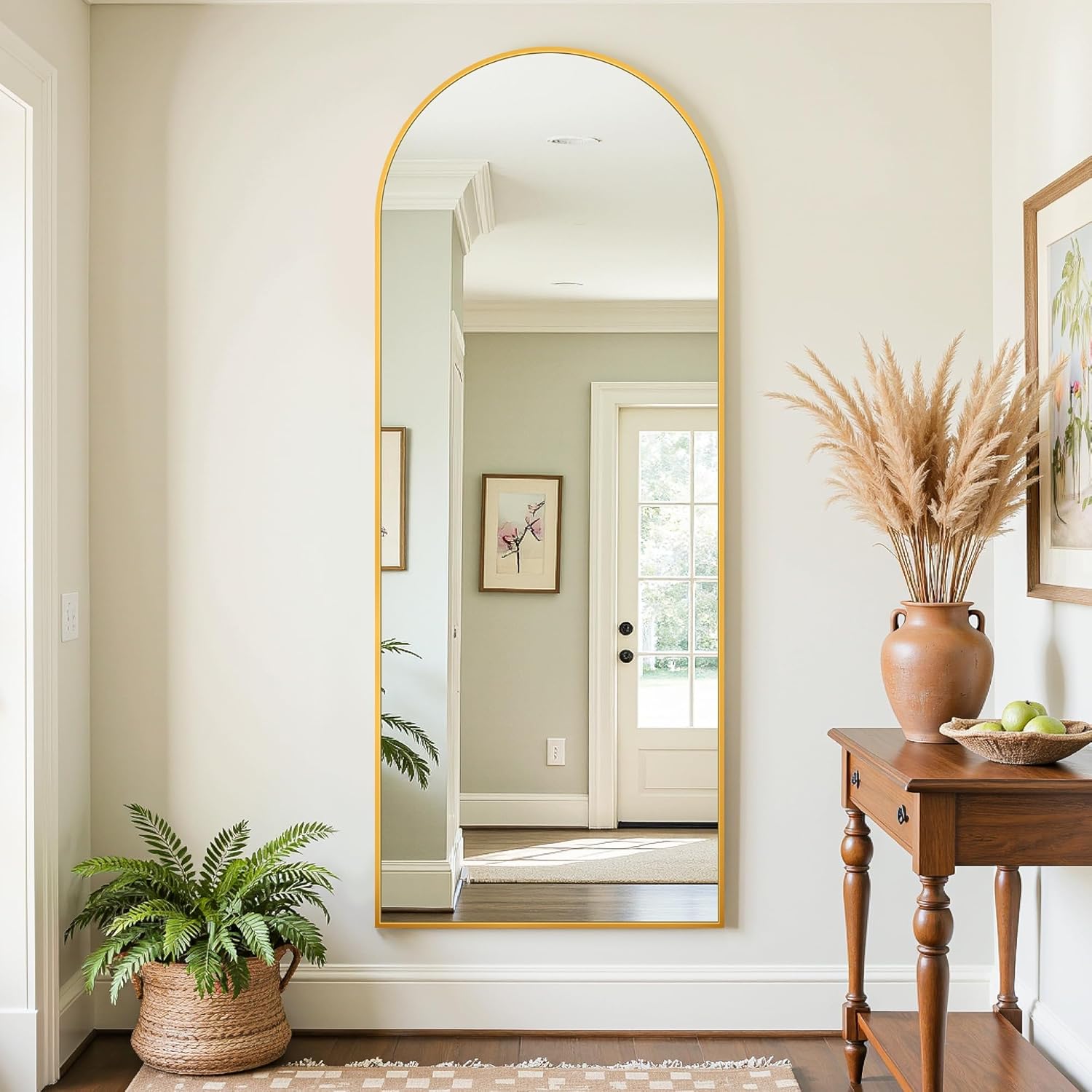 Full Length Mirror, 58"x21" Oversized Floor Mirror Freestanding, Full Body Mirror Floor Standing Mirrors with Stand, Hanging Mounted Mirrors for Bedroom Living Room, Gold, Arched Style 58"L x 21"W Arched Style Gold