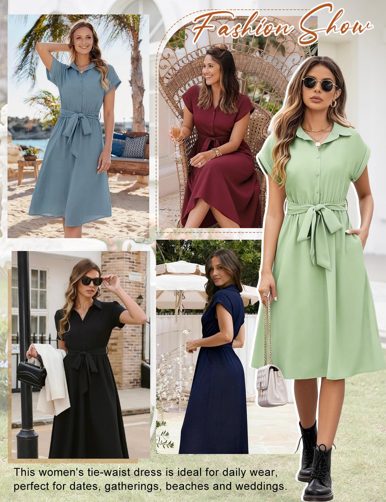 HEEKPEK Vestito Donna Estivo Manica Corta Casual Abito Scollo a V Vita Alta A Line Abiti Lungo Elegante Abito Camicia Colori Solidi Vestiti con Tasche e Cintura