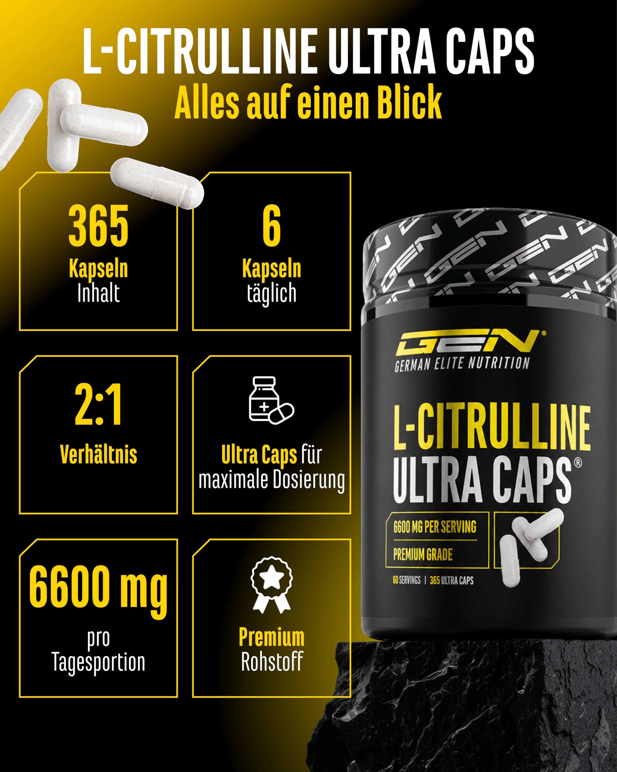 GEN GERMAN ELITE NUTRITION L-Citrullin Ultra Caps - 365 Kapseln - 1100 mg | DL-Malat 2:1, 6600 mg Tagesportion, 4422 mg L-Citrullin, pflanzliche Fermentation