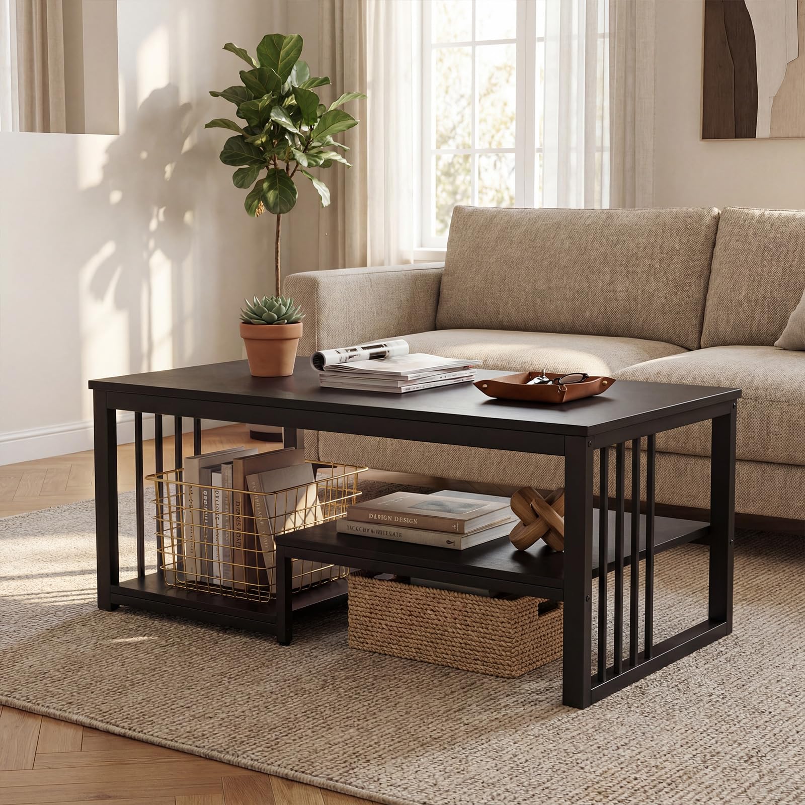 COSTWAY Couchtisch, Wohnzimmertisch 3 Ebenen mit robustem Metallgestell, Industrie-Design, rechteckiger Kaffeetisch 110 x 60 x 45 cm, Sofatisch für Wohnzimmer & Büro (Schwarz)