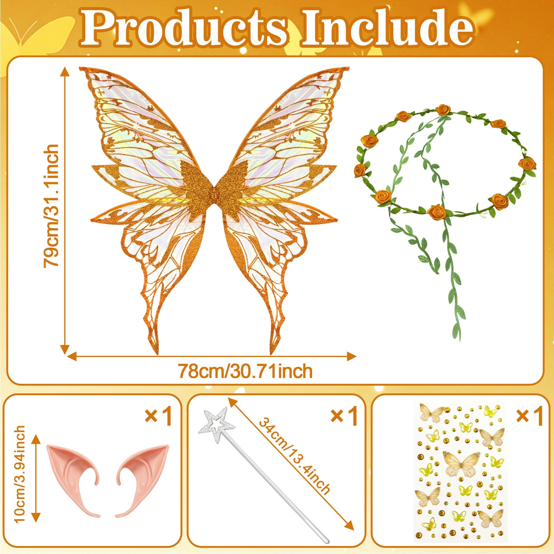 YeahBoom Children's fairy wings, butterfly wings with elf ears, fairy headband and star fairy wands, butterfly wings - Image 2