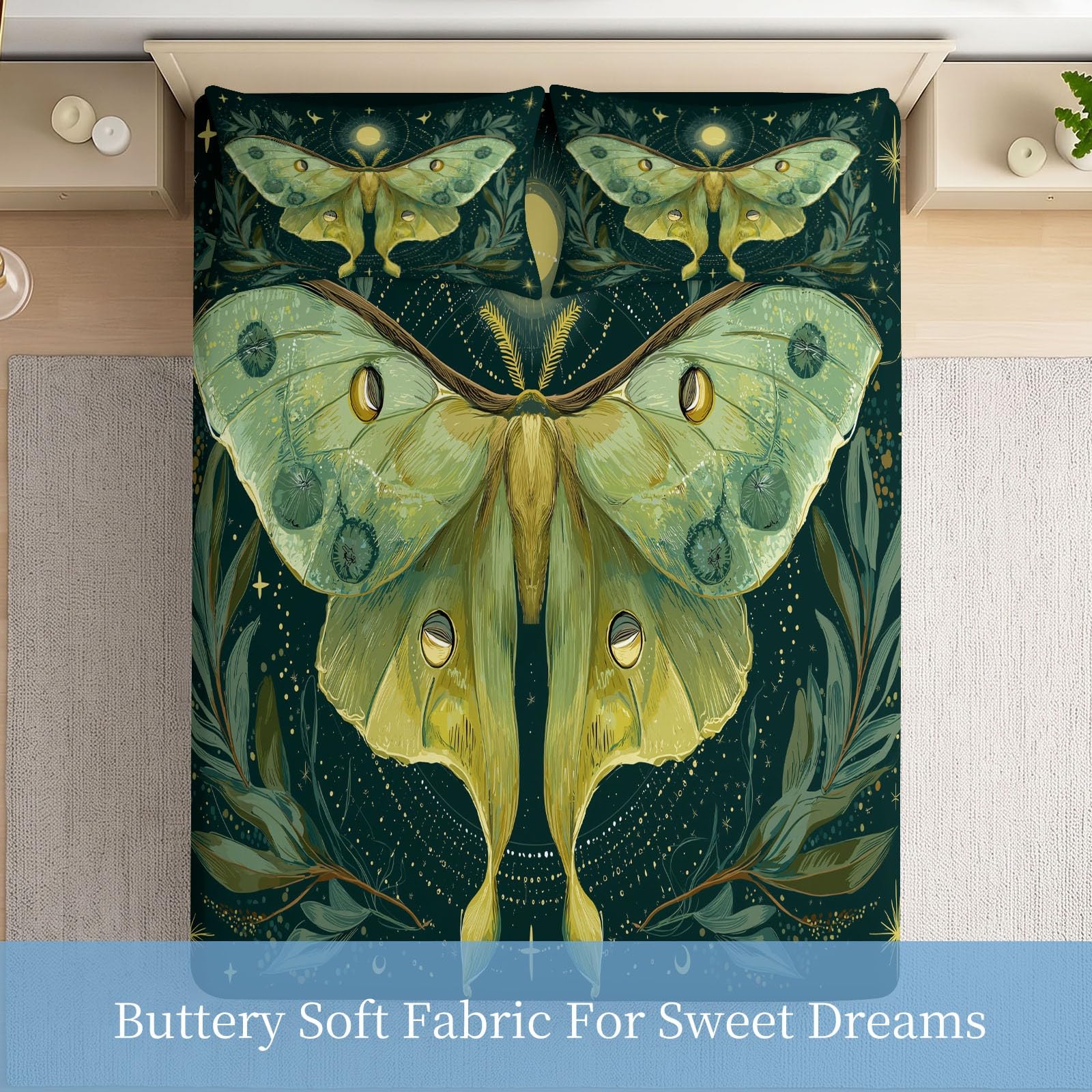 Moth Moon - Lenzuolo con angoli, per letto super king size, 180 x 200 cm, fantasia fantasy, con tasca profonda 30,5 cm, facile da pulire, morbida microfibra spazzolata, resistente al restringimento e