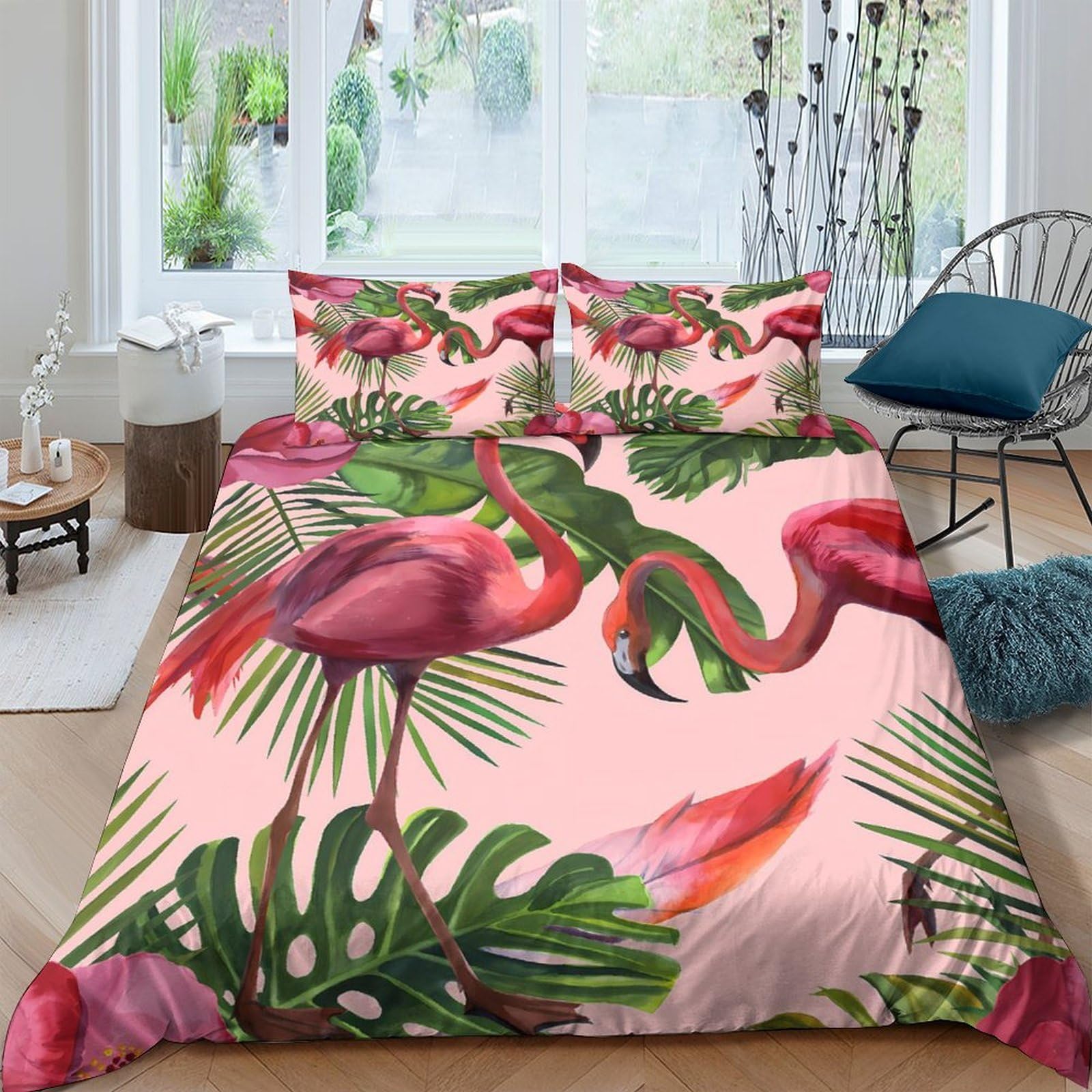 Ctjqhvkz Style-2 3D Printed Pink Flamingo Fitted Sheet Microfiber Soft Tropical Leaf Bed Cover For Bedroom Guest Room Decor Protection Single（135X200cm）