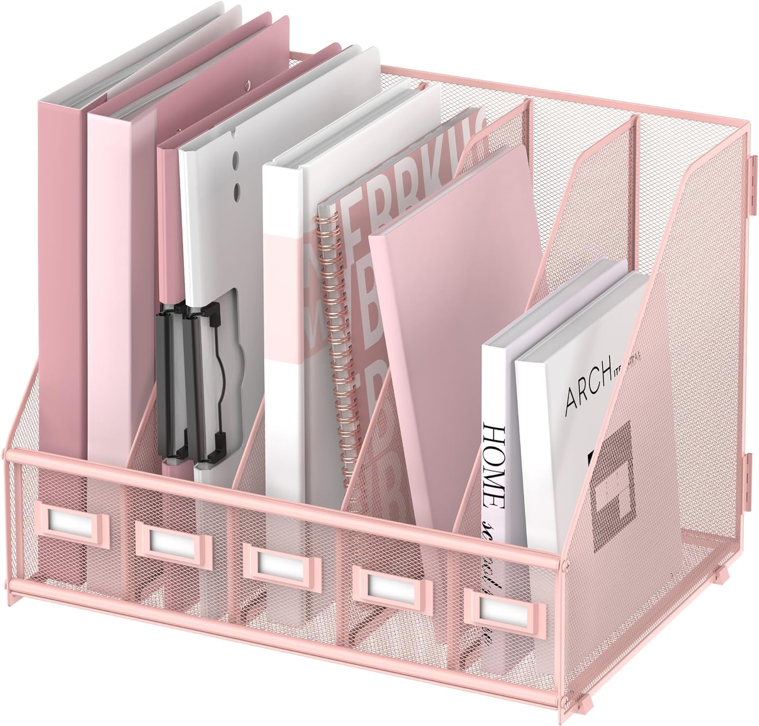 Organisateur de bureau métallique avec 5 compartiments verticaux, support pour magazines pour bureau, home office et espace de travail, Rose