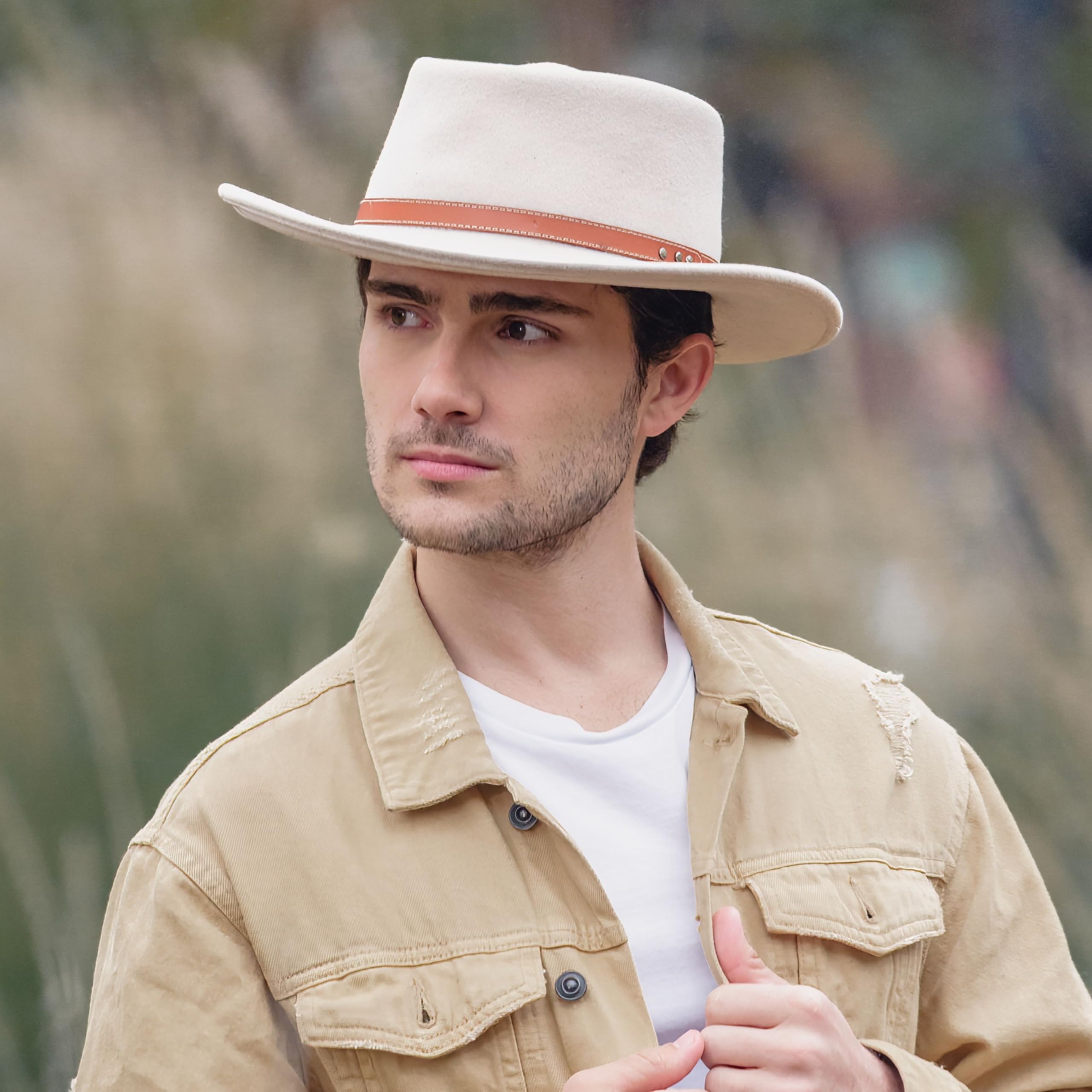 Bigalli Gambler Hat for Men/Women 100% Fine Wool Felt Crushable Porkpie Crown Water Repellent Winter Fall Hat Stylish | Cream Size L | Made in Ecuador | Mens Gambler