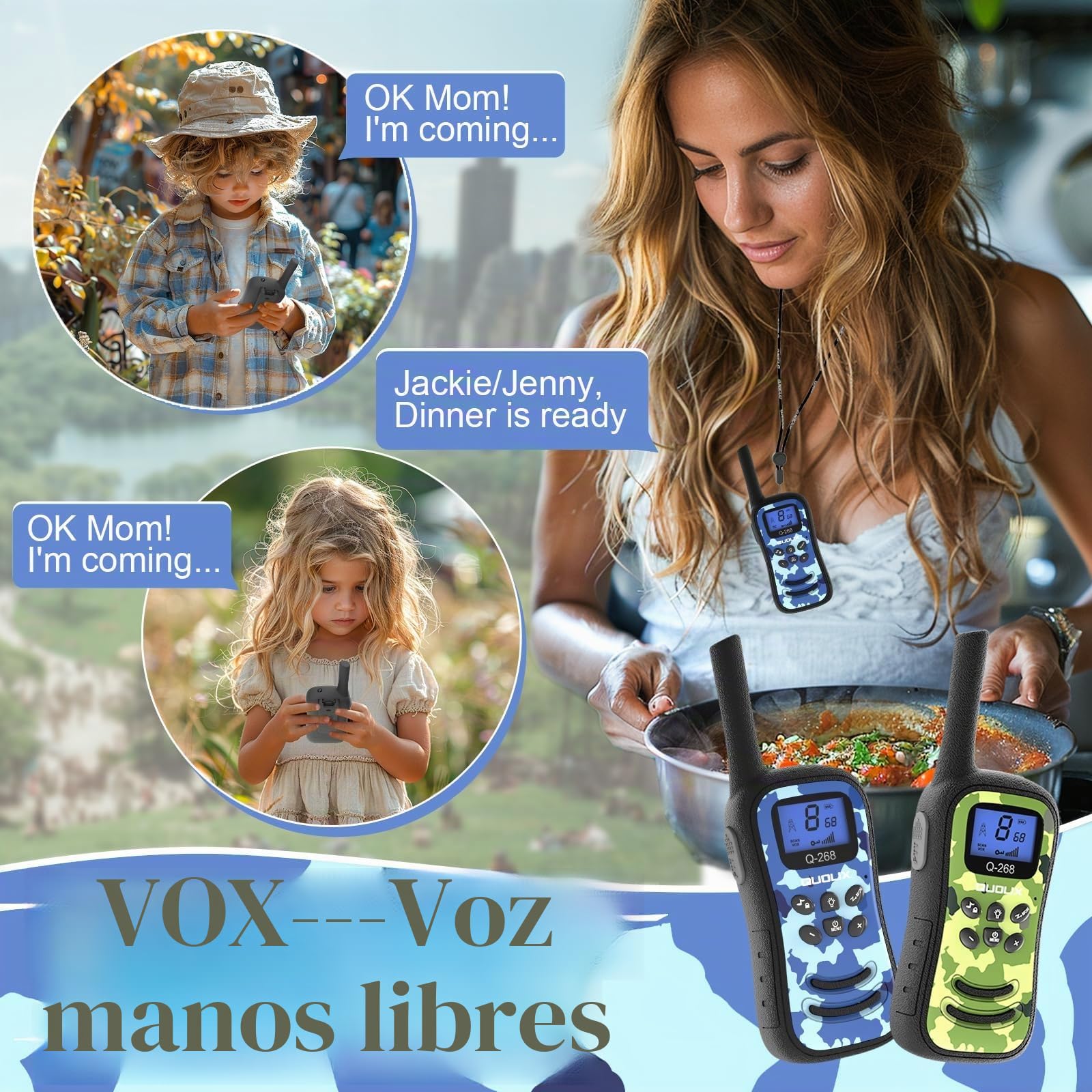 Walkie Talkie Niños 4pcs, Recargable Largo Alcance Walkie Talkie Niña Camuflaje - 8 Canales con Batería Li-Ion Linterna Función SOS y VOX, para 3-12 Años Exteriores Camping Senderismo