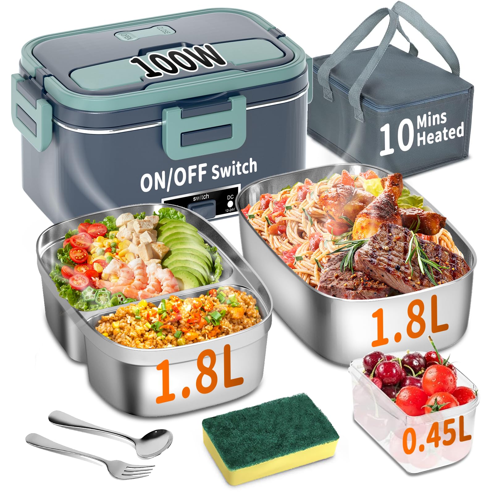 SOOOEC Electric Heated Lunch Box 100W - 3-in-1 Fast Heating Lunch Boxes Portable for Adults, 12V/24V/220V with 2 Pack Containers (Single & Compartment) for Car Truck Office (3 Times Faster), Blue