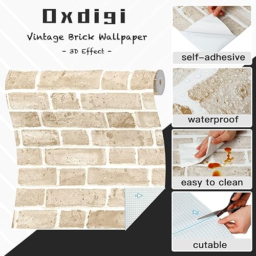 Miniatura 2 de Oxdigi Papel tapiz autoadhesivo con patrón de ladrillo, 17.7 x 393 pulgadas (48.4 pies cuadrados), ladrillo blanco y gris, película autoadhesiva de