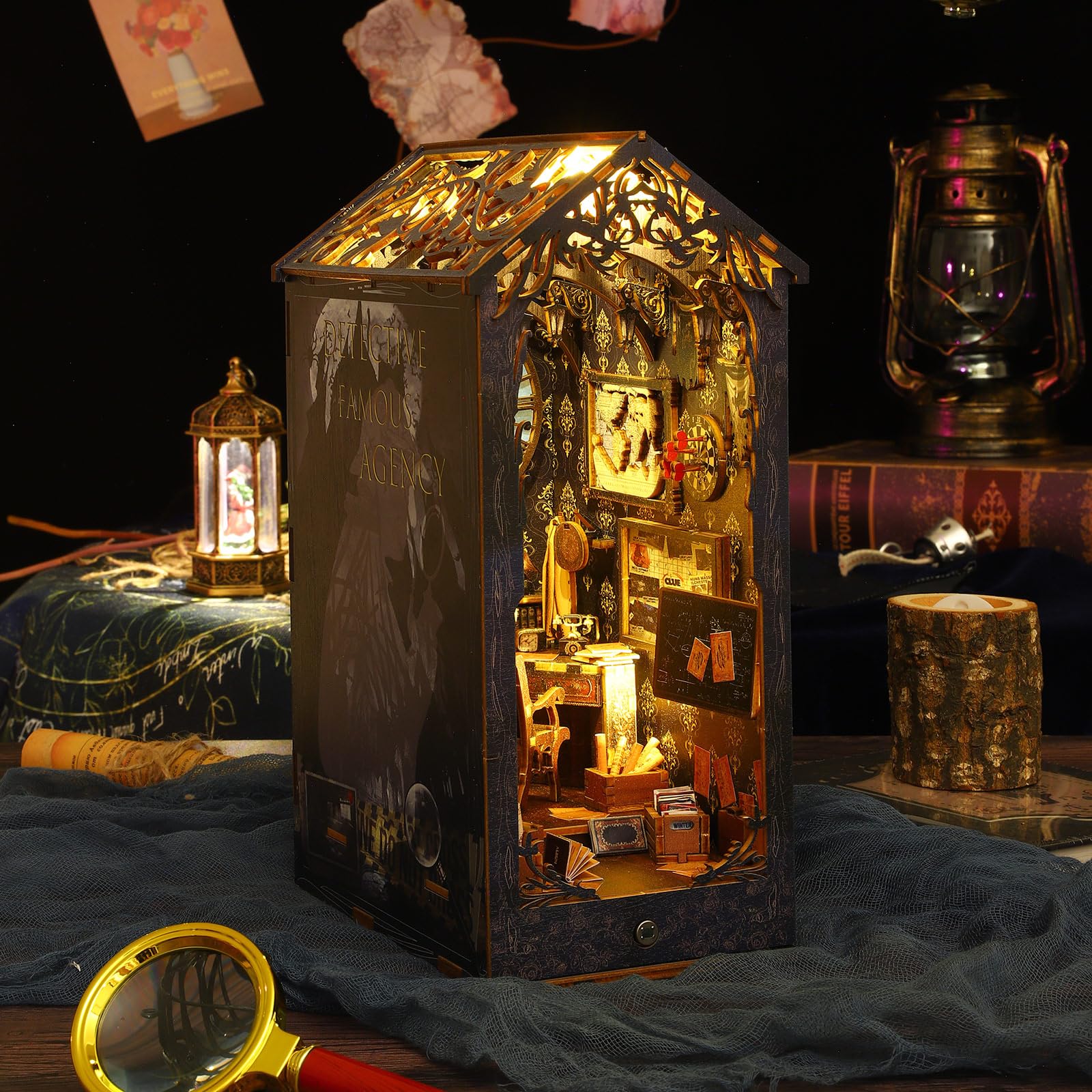 Kit Maison Poupée DIY Cuteefun - Cabinet Détectives - Éclairage LED - Déco Étagère Livre - Cadeau Créatif