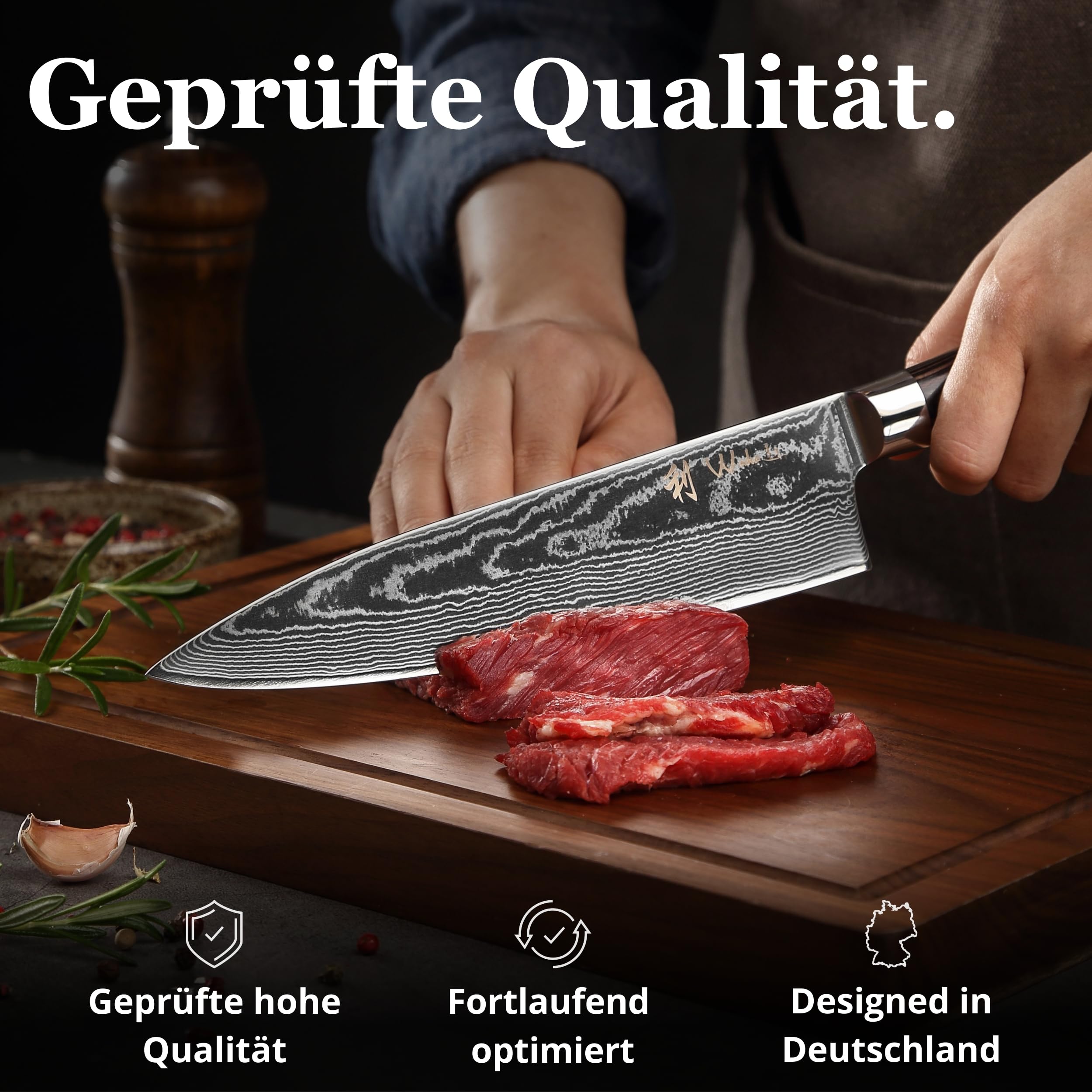 Wakoli EDIB Essentials 3er Messerset aus 67 Lagen Damaststahl mit VG10-Kern | Chefmesser, kleines Chefmesser und Officemesser; Pakkaholzgriffe, Holzbox, 60 ± 2 HRC, für Fleisch, Fisch, Gemüse und Obst