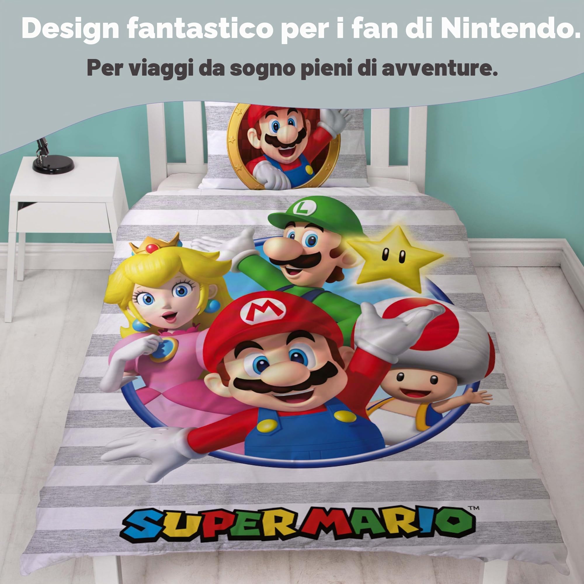 Set di biancheria da letto double-face per bambini, motivo Super Mario, 135 x 200 cm, 80 x 80 cm, 100% cotone, con chiusura lampo, in linone