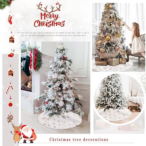 Miniatura 7 de Falda de árbol de Navidad blanca de 24 pulgadas, pequeña falda de árbol de copo de nieve de piel sintética color oro rosa para vacaciones, fiesta de