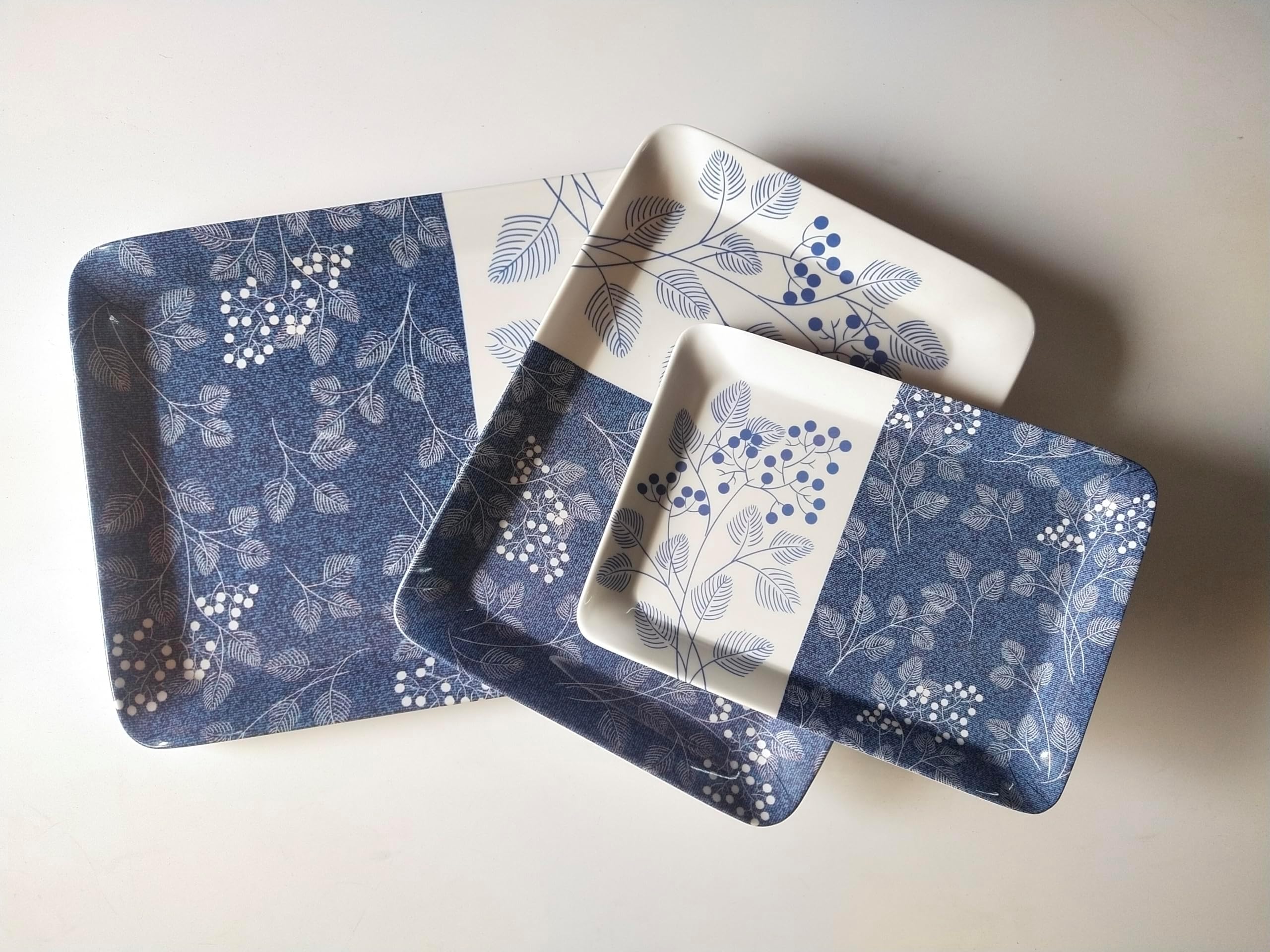 URMILA PLASTIC Premium Printed Melamine Serving Tray for Kitchen, Dining, Serving & Desk Tray Set of 3 (MT_ White Blue)