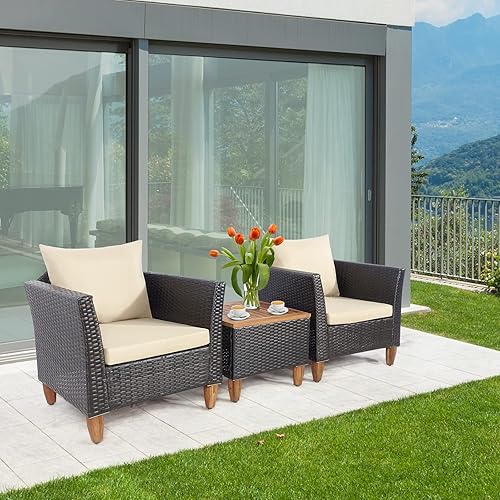 Miniatura 3 de COSTWAY Juego de muebles de ratán para patio al aire libre, 3 piezas, mesa de madera, sofá acolchado, color beige