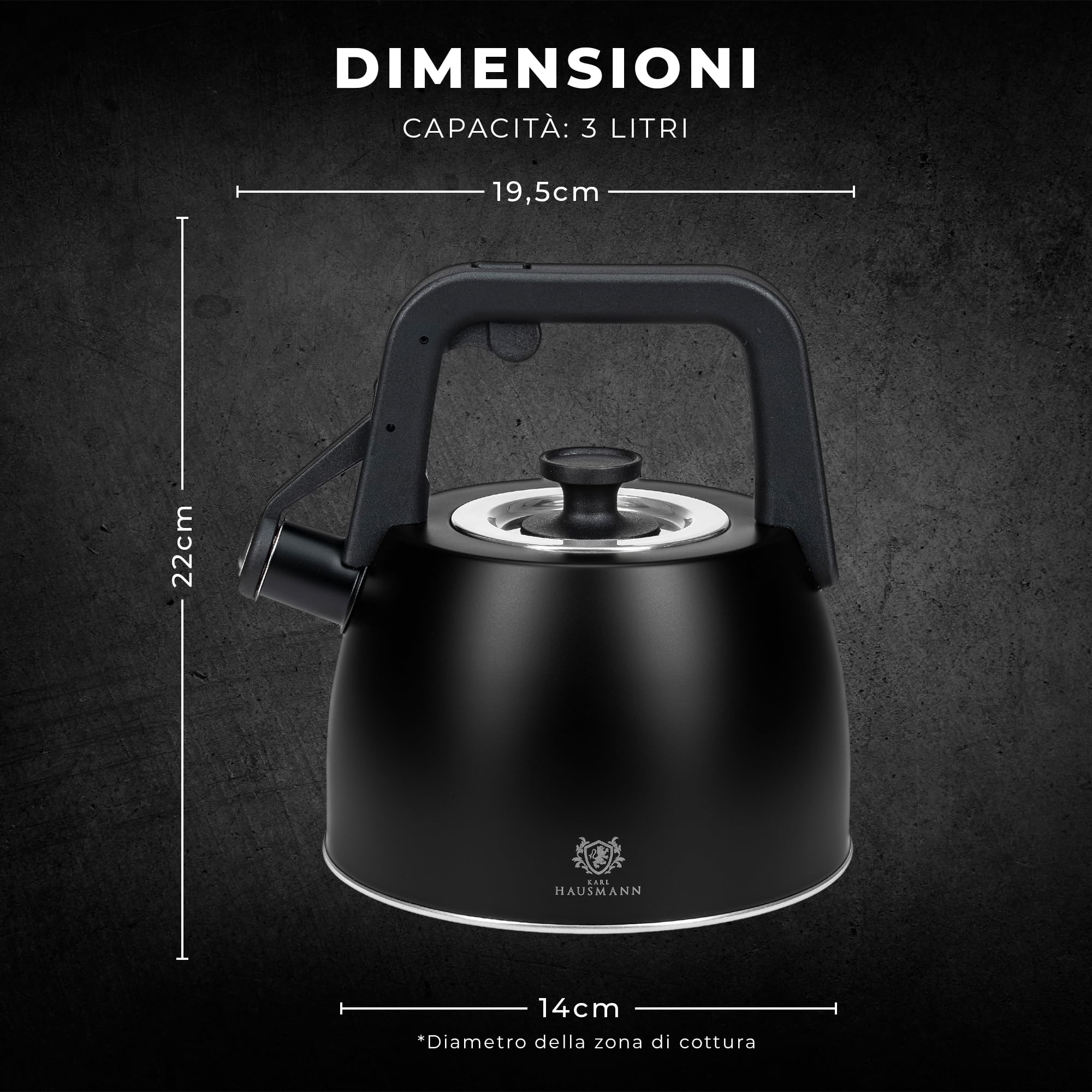 KARL HAUSMANN Bollitore Induzione 2,5L Acciaio Inox con Fischio - Teiera per Piano a Gas, Vetroceramica ed Elettrico - Bollitore Acqua Cucina con Coperchio (Nero)
