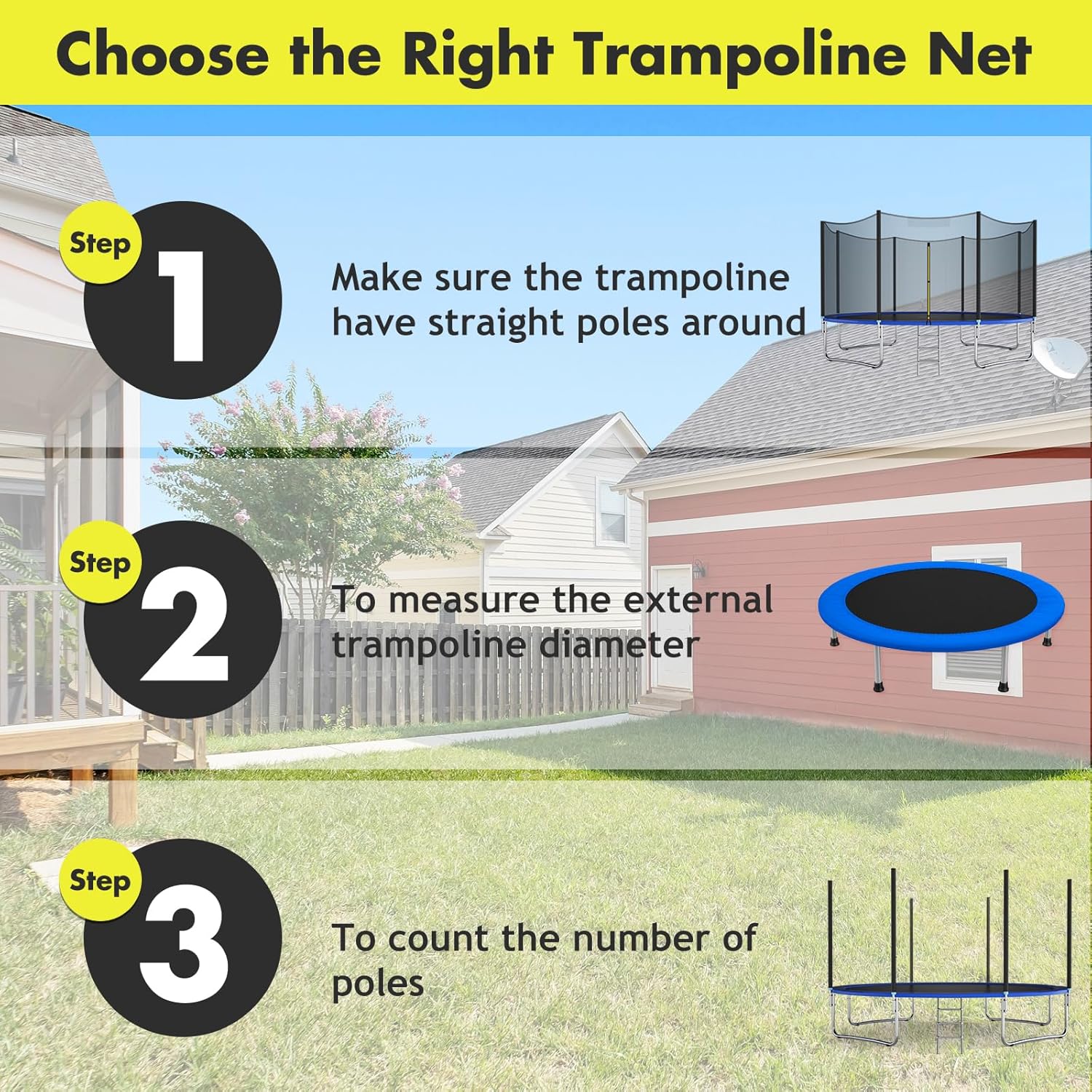 KOTEK Trampoline Net, 8FT 10FT 12FT 14FT 15FT 16FT Trampoline Enclosure for Straight Poles, Weather Resistant Trampoline Netting Replacement with Double-Headed Zipper & Protection Buckles, Net Only