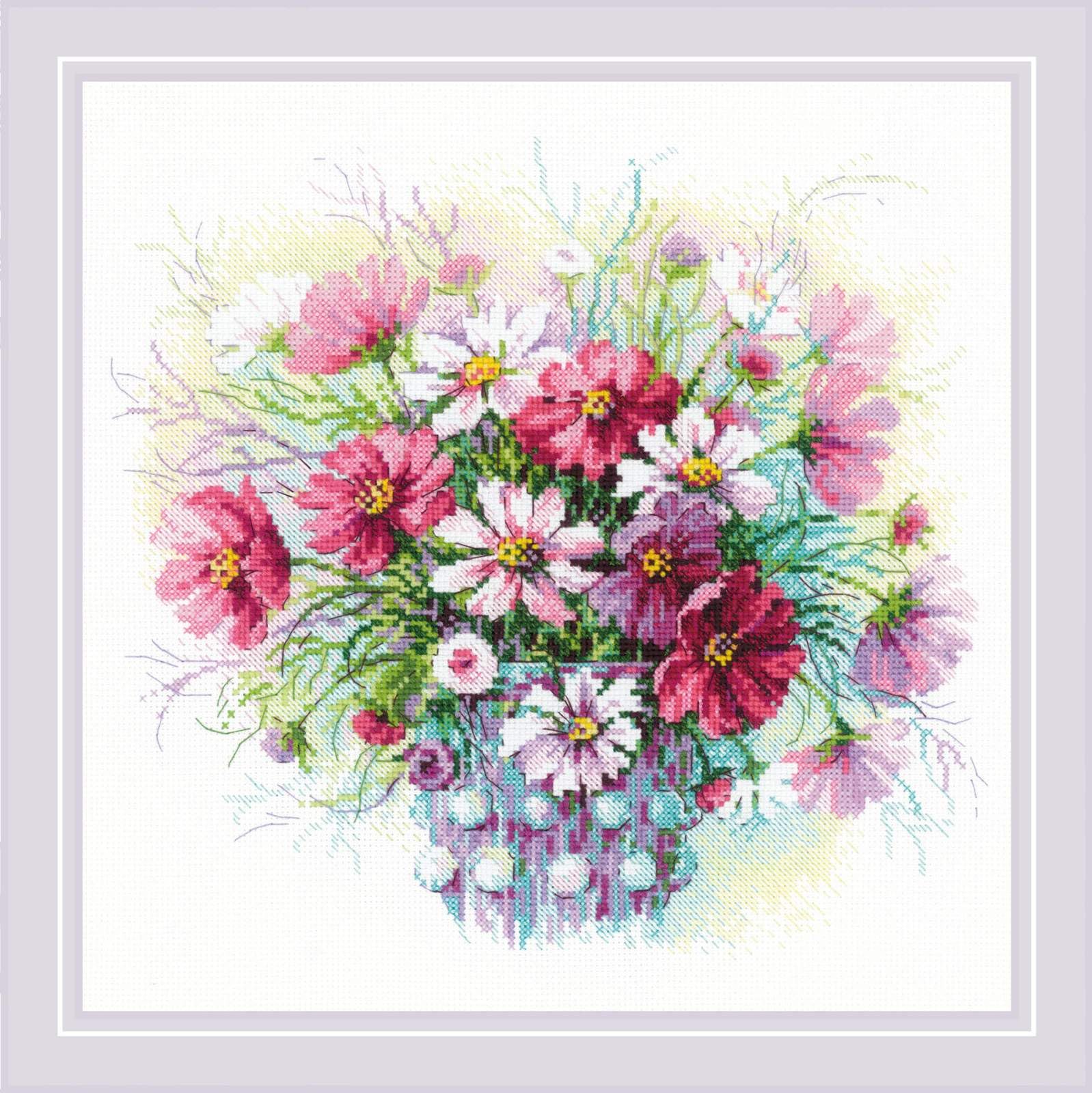 Riolis Multicolor Watercolor Cosmos 2228, Floral Cross Stitch Kit 11¾"X11¾, Cross Stitch Kits For Beginners & Advanced, Crossstitching Kits Adult, Counted Stitching Kits, Embroidery Kit