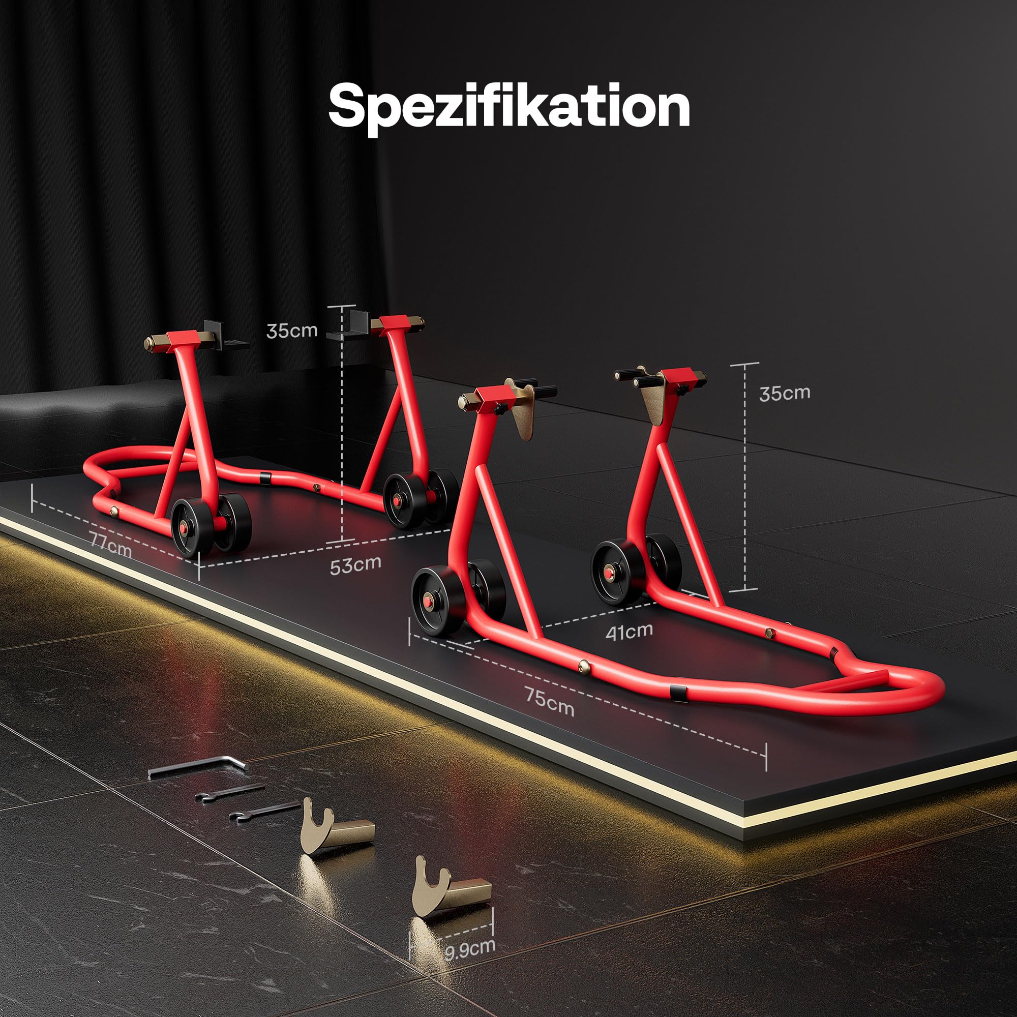 SPECSTAR Motorrad Ständer Set 400 kg, Motorradständer vorne und U+L Typ für Reifenbreite 23-31cm für BMW Suzuki Yamaha Honda Kawasaki Universal,Rot