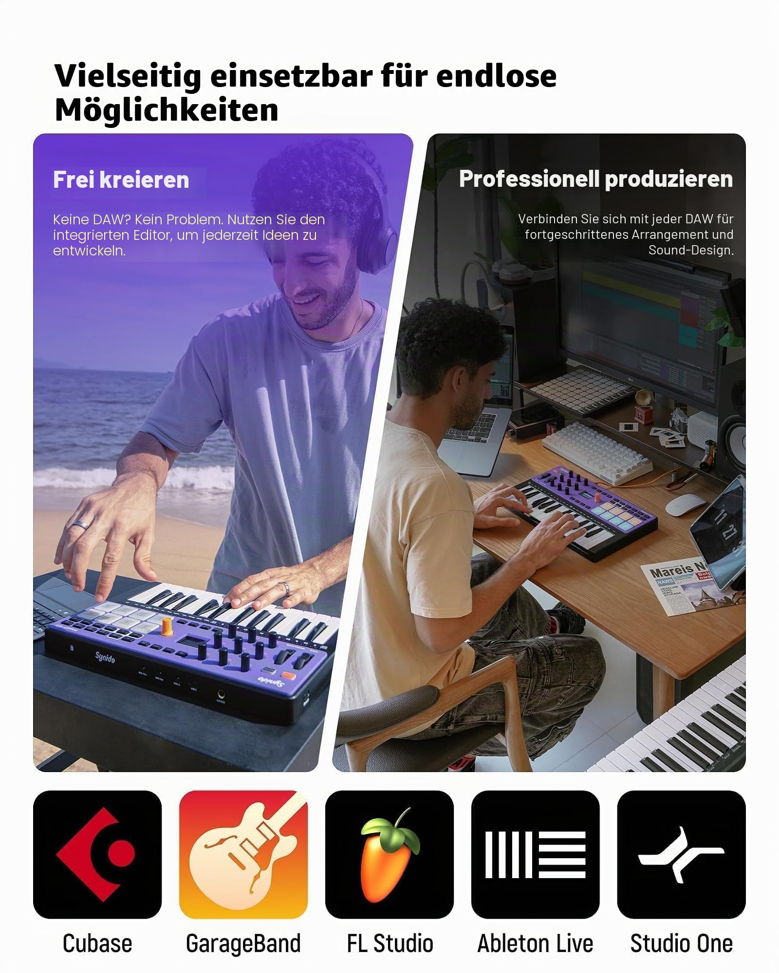 Synido Kabelloses 25-Tasten USB MIDI Keyboard Controller Wiederaufladbar mit 8 Drum Pads, OLED-Bildschirm, MIDI In/Out/Thru, Professionelle BT Beat Maker Maschine für Musikproduktion, TempoKEY W25