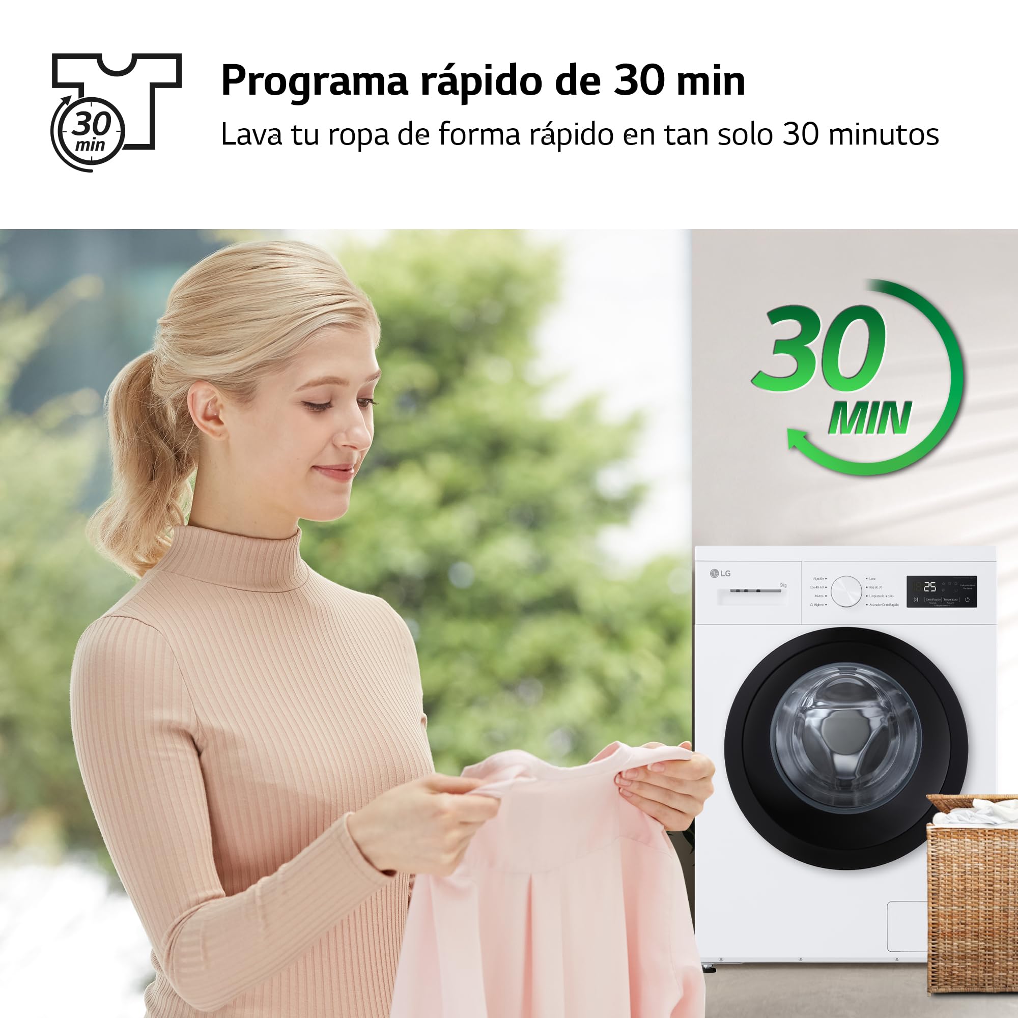 LG LG F4A1009NWK – Washing Machine, 9 kg, 1400 rpm, Front Load, 8 Programs, Quick Program and Hand Wash Program, Special Reduced Bottom, LED Display, 100 Series, White in use